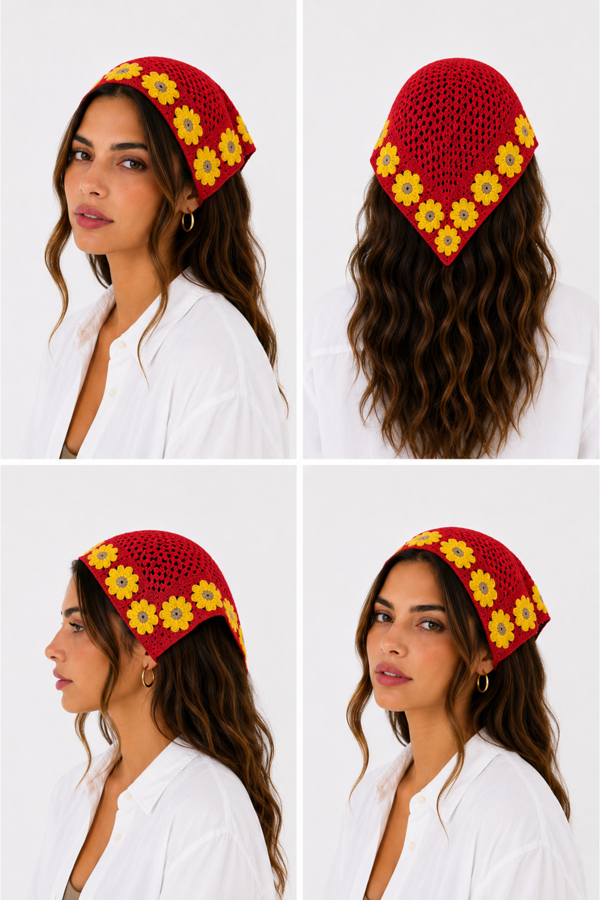 Kadın Örgü Bandana Çiçek Motifli Yazlık Bohem Saç Bandanası
