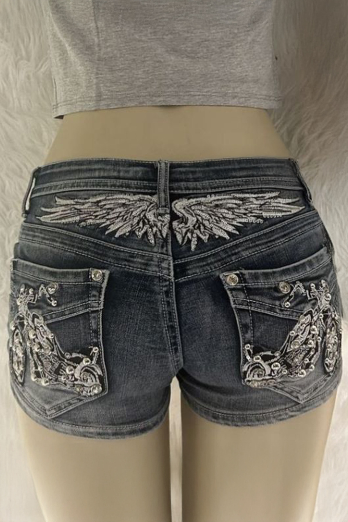 Black Antique Chopper Y2K Denim Mini Shorts