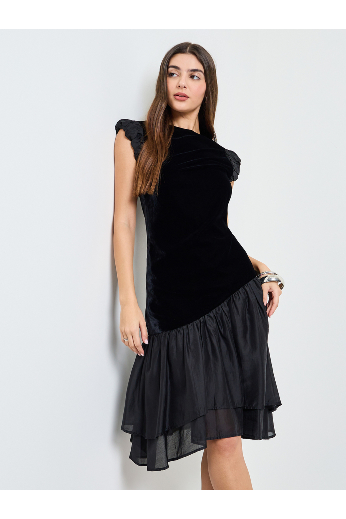 Styli Black Velvet Look Flared Knee Length Dress