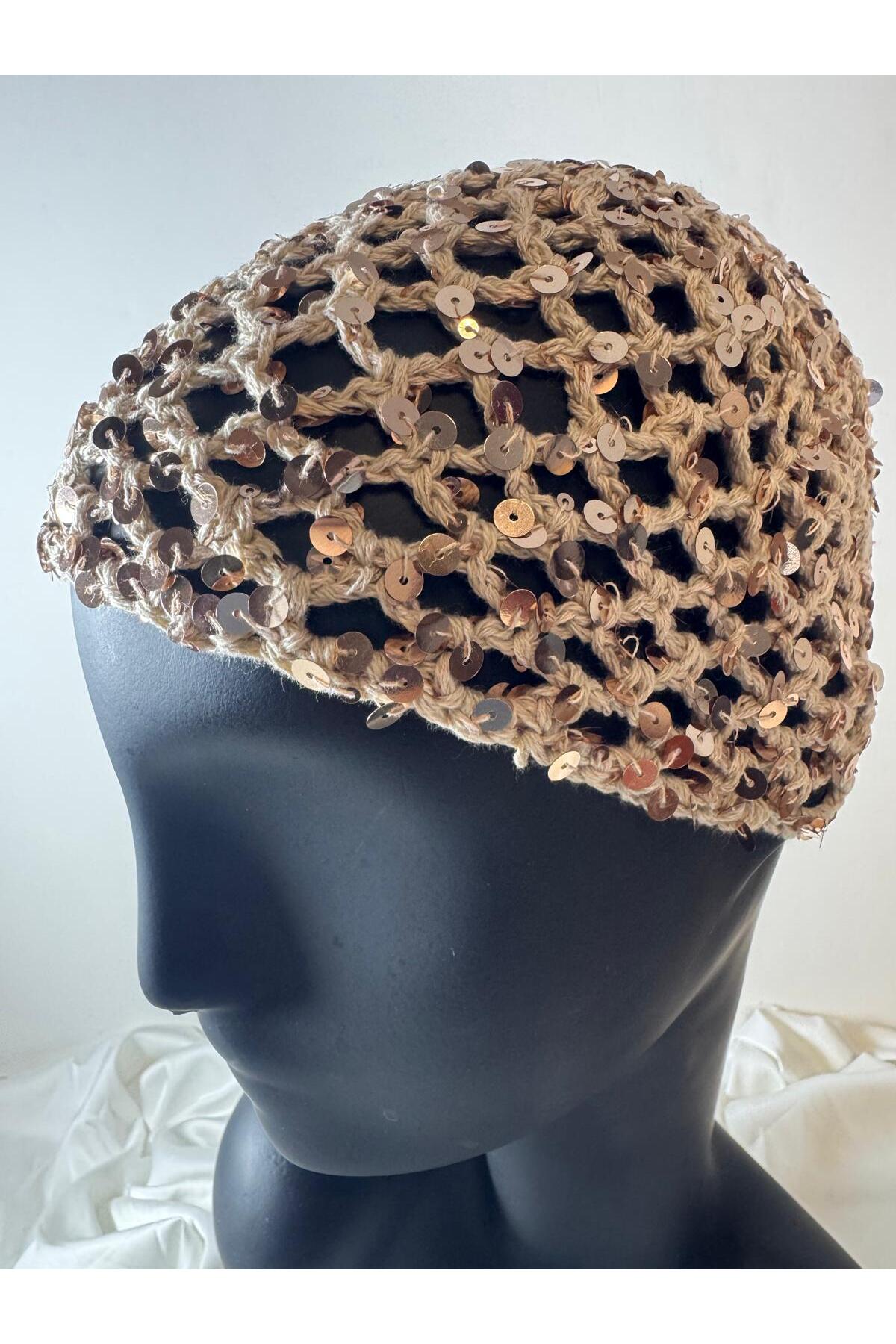 jasmina store EL örgüsü pullu saç aksesuarı bone görsel 3