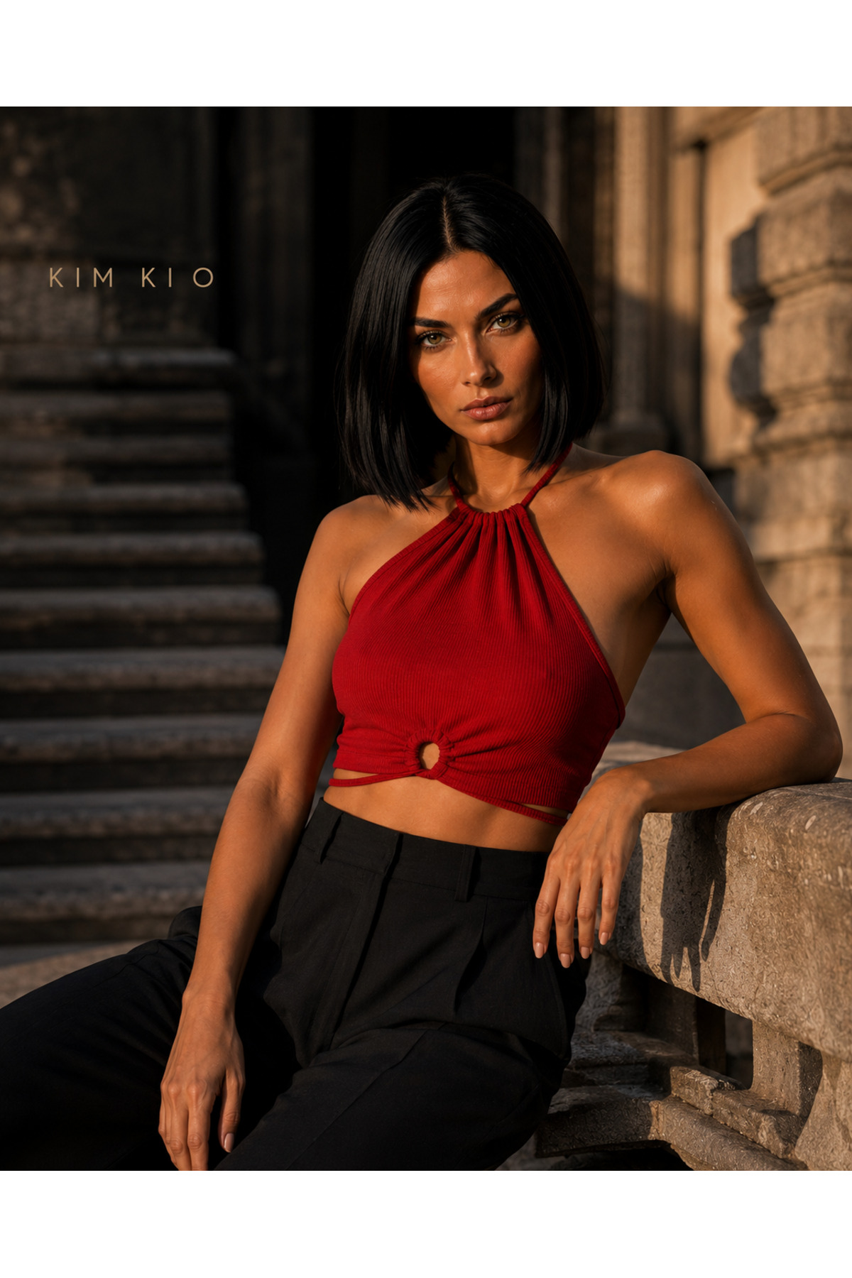 KİM Kİ O Kadın Halter Yaka Ön Halkalı Bağlamalı Kaşkorse Crop Top görsel 2