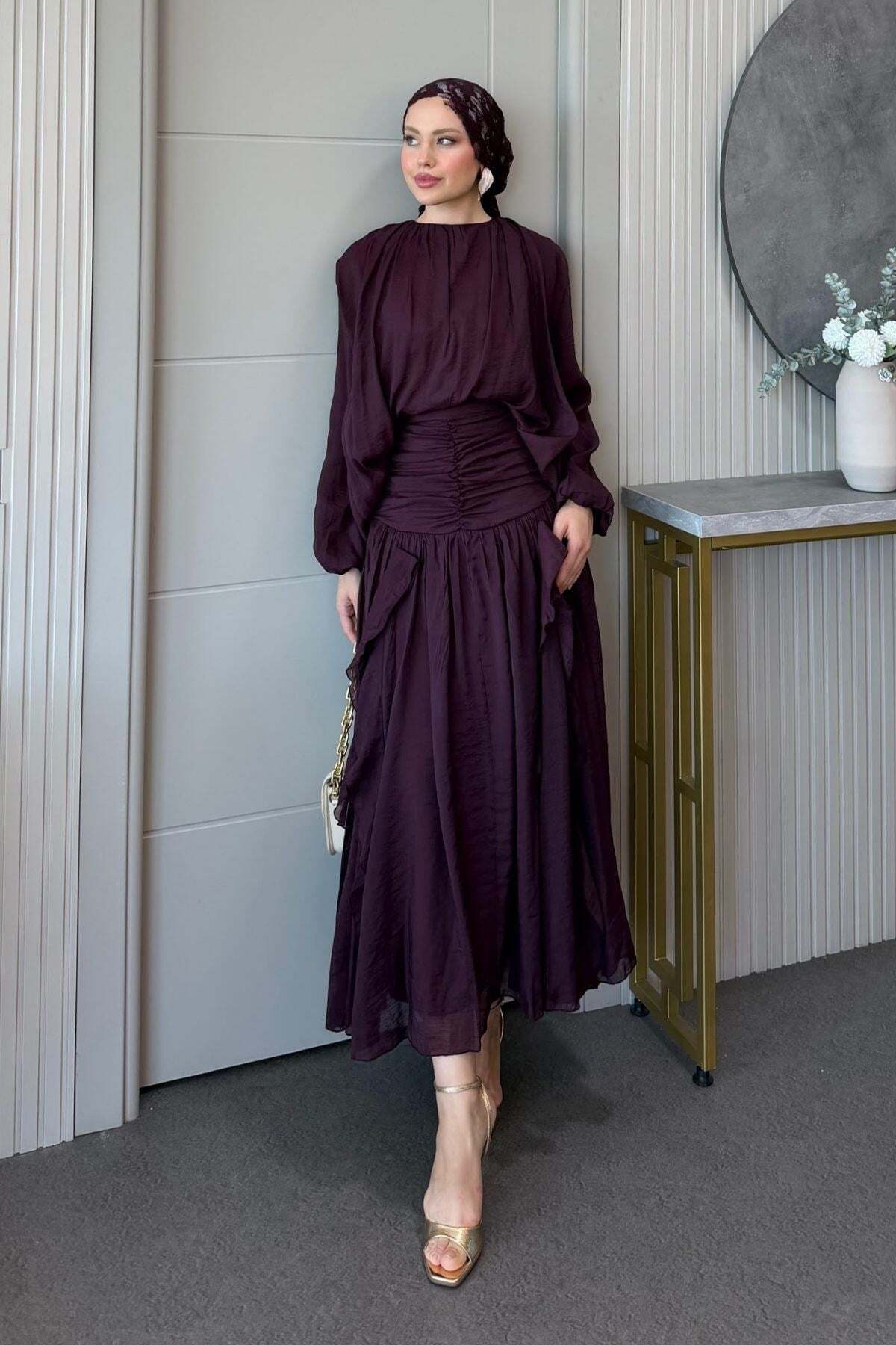 Hazamoda Mercan Ruffle Detail Skirt Suit Plum