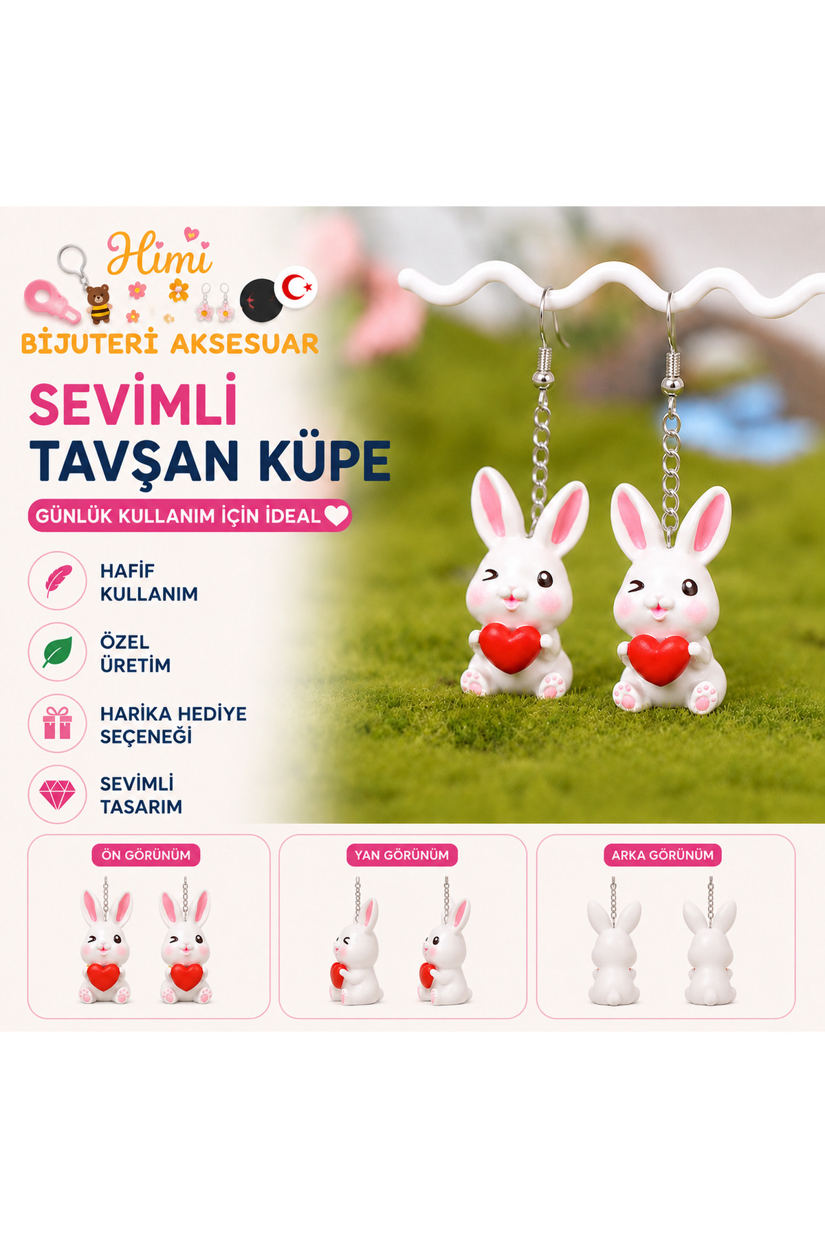 Neşeli Kalpli Tavşan Hayvan Figürlü Sallantılı Küpe Hafif Tasarım Günlük Kullanım Bijuteri Çocuk Küpesi