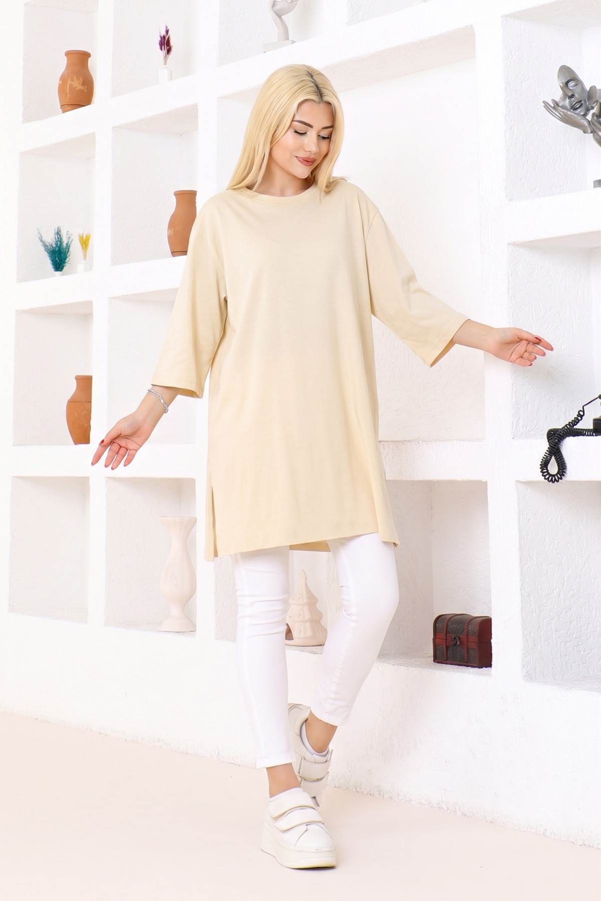 Women's Sand Beige Oversized Tunic T-Shirt – Half Sleeve, Round Neck, Casual Cut
