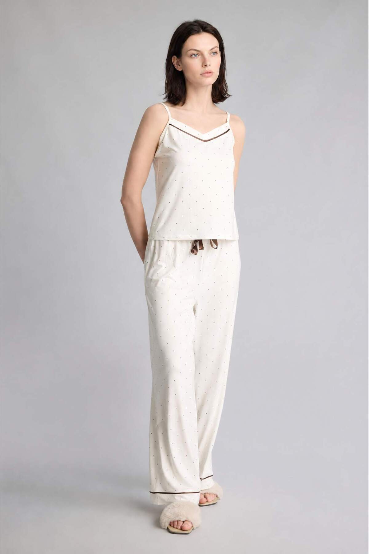 Defacto Ultra Soft Regular Fit Strap 2-Piece Softshell Ecru Pajama Set H4245Ax26Au