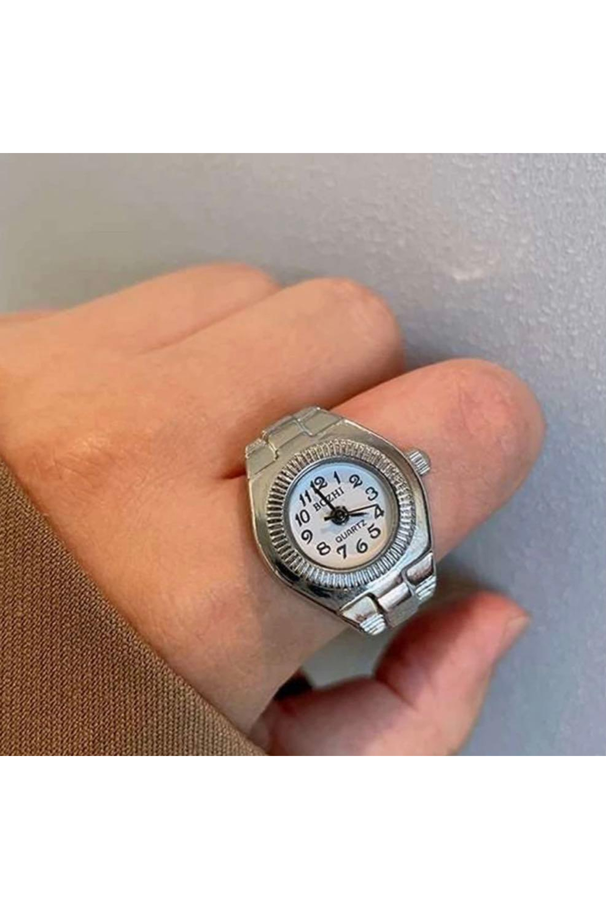 Bozhi Mini Parmak Yüzük Saat, Kuvars Analog Metal Kordon Unisex (Siyah & Beyaz Kadran) görsel 2
