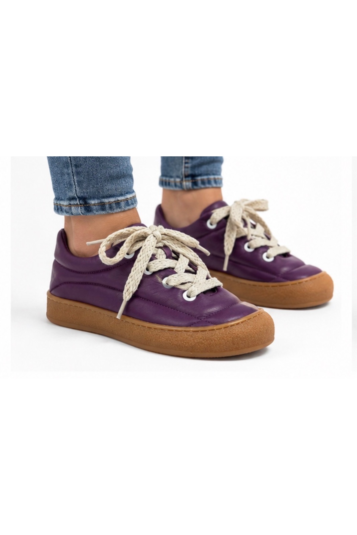 N Napa Shoe NP.7809.MOR DERİ SNEAKER Napa Shoe Kadın Hakiki Deri Comfort Sneaker, Mor | Günlük Rahat Bağcıklı A
