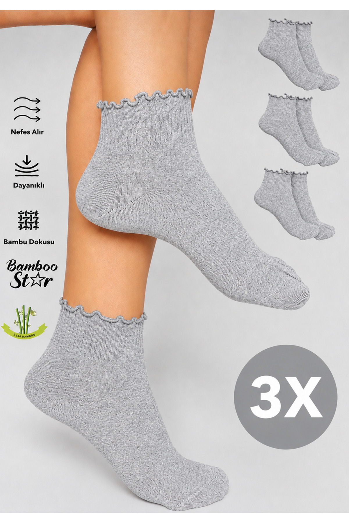Bamboo Women's Ruffled Booties Seamless Grey Socks 3-Pack