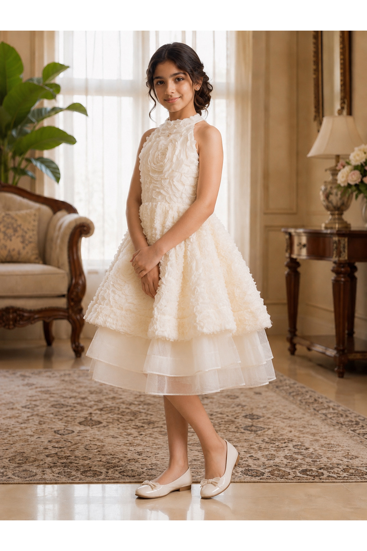 Luxury Girl’s Cream Party Dress with 3D Rose Decoration and Three-Layer Design