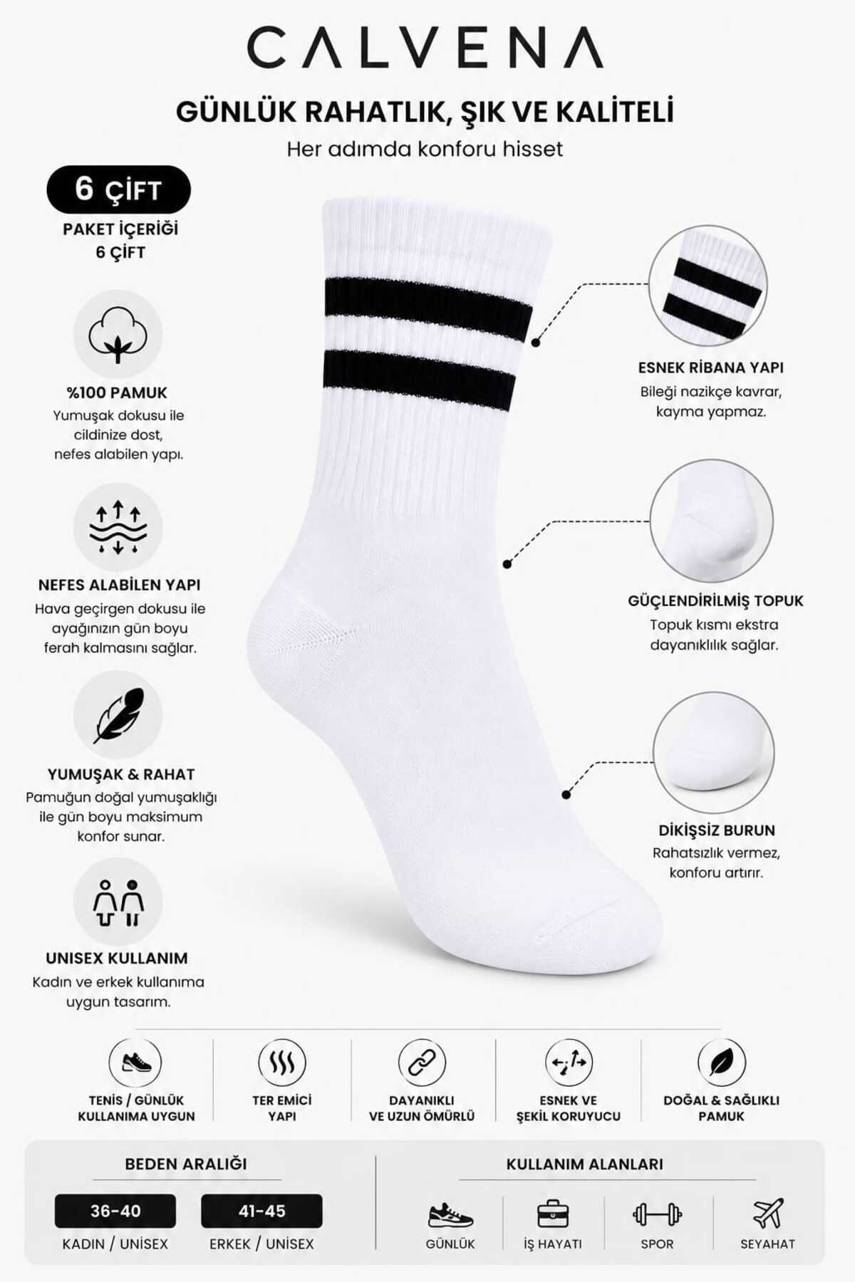 Calvena Unisex 6 Çift Pamuk Dokumalı Çizgili Kısa Tenis Kolej Çorap görsel 2