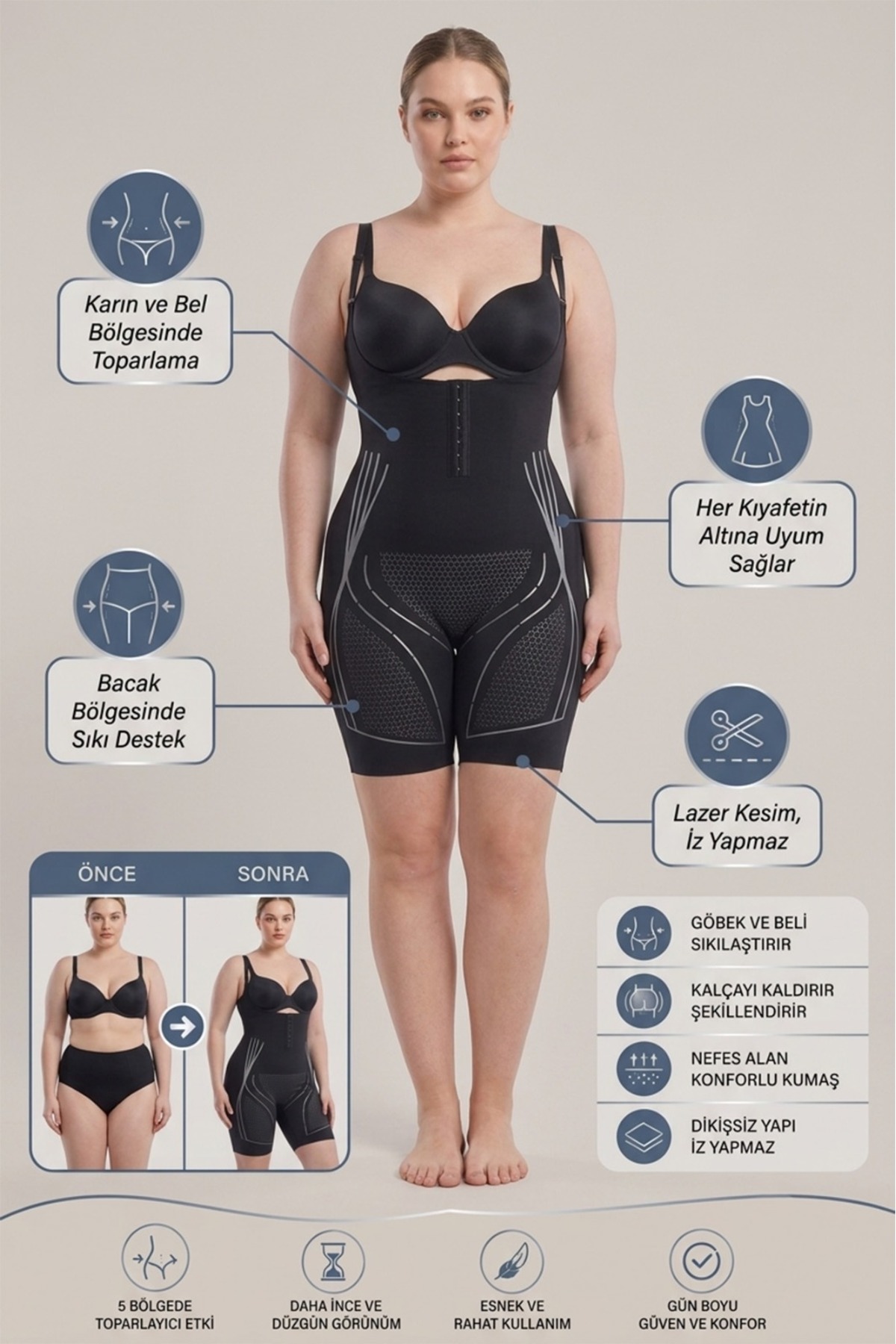 SAUNA SUIT Kadın İyonizer Askılı Body Korse | Göbek Bel Basen Toparlayıcı | İnce ve Sıkı Görünüm | Göğüs Altı Agraflı Tam Boy Korse görsel 3