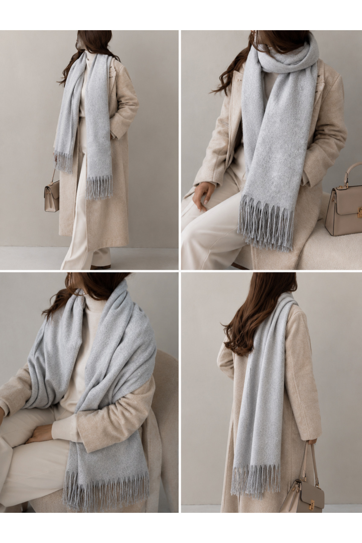 EveryScarf Buklet Yumuşak Dokulu Uzun Püsküllü Kışlık Dokuma Gri Düz Atkı görsel 2