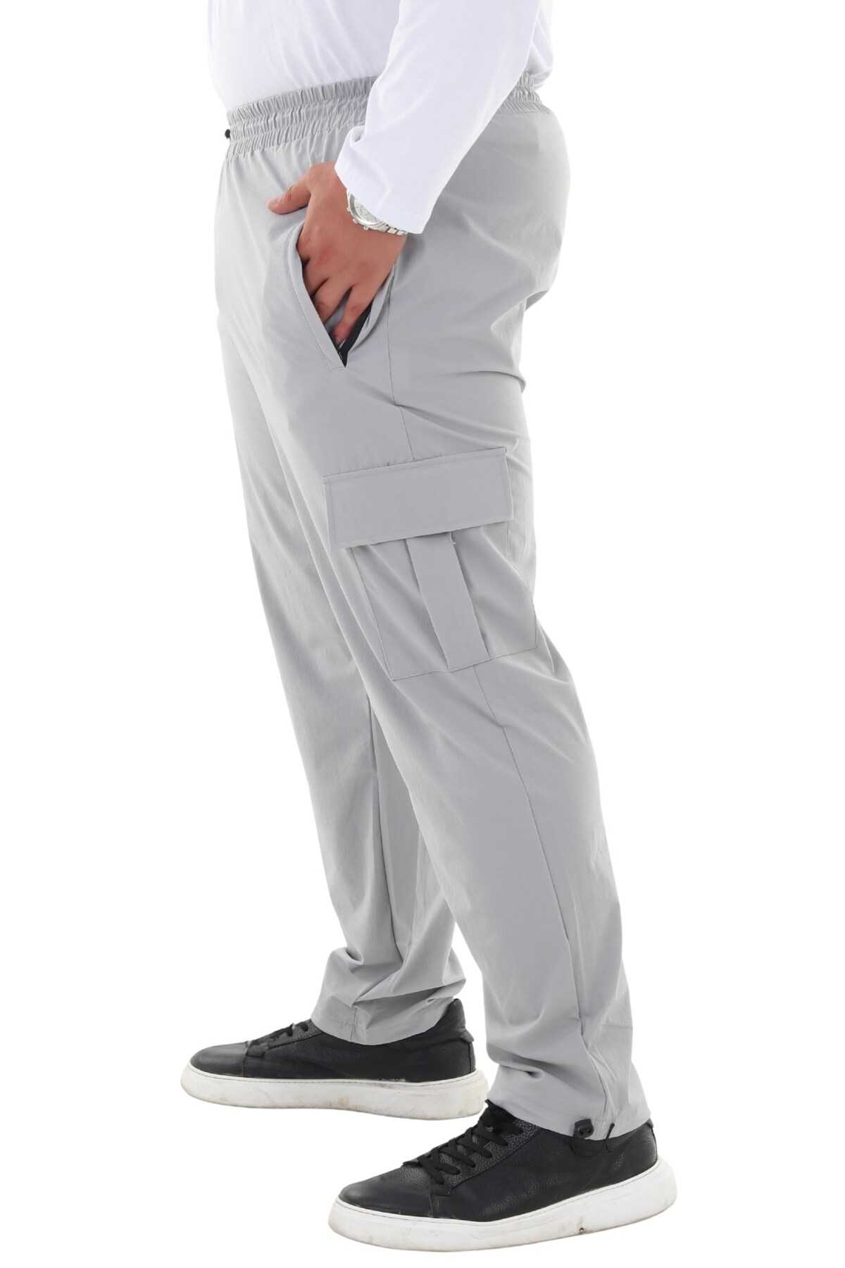 marufshop Erkek Büyük Beden Kargo Cepli Likralı Paraşüt Kumaş Pantolon/Eşofman Alt Gri görsel 4