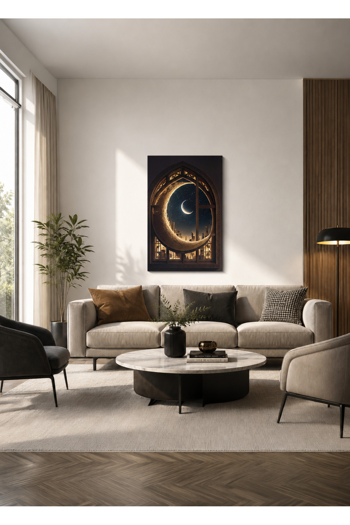 MDF Tablo Hilal ve Gece Manzarası – Otantik Pencere Temalı Ev ve Ofis Duvar Dekorasyonu