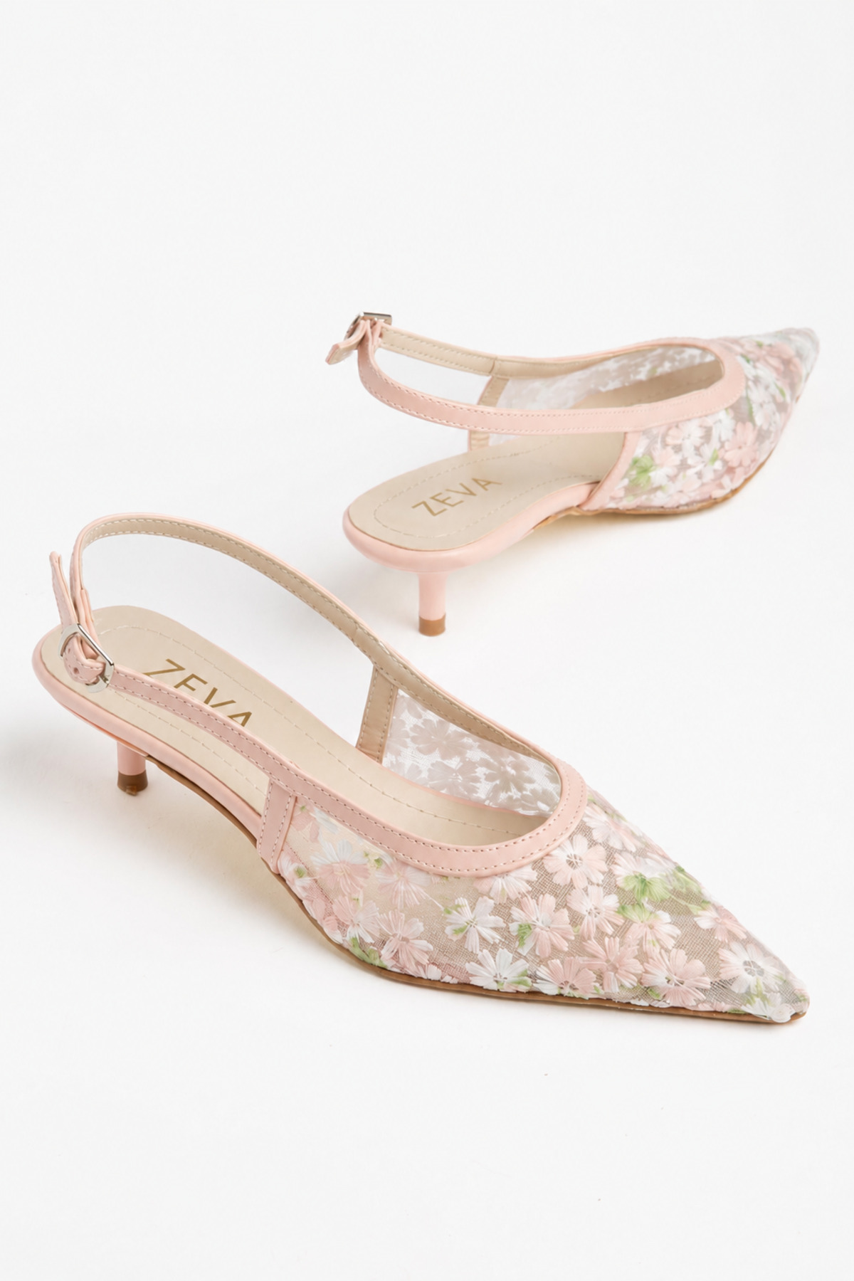 ZEVA COLLECTION ZEVA Kadın Çiçek Desenli Tül İşlemeli Sivri Burun Slingback Kısa Topuklu Abiye Ayakkabı görsel 3