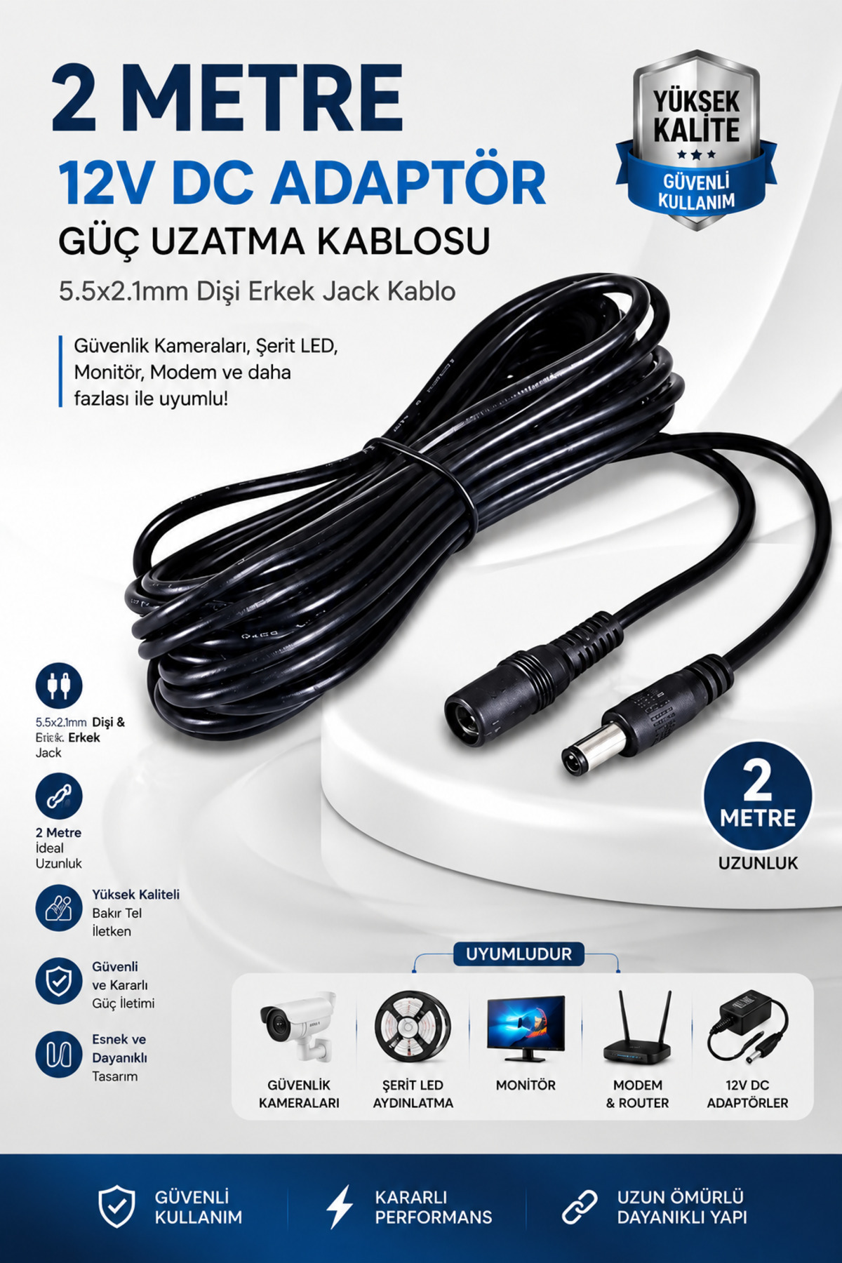 2 Metre 12V DC Adaptör Güç Uzatma Kablosu 5.5x2.1mm Güvenlik Kamerası Şerit LED Monitör Modem Uyumlu Dişi Erkek Jack Kablo