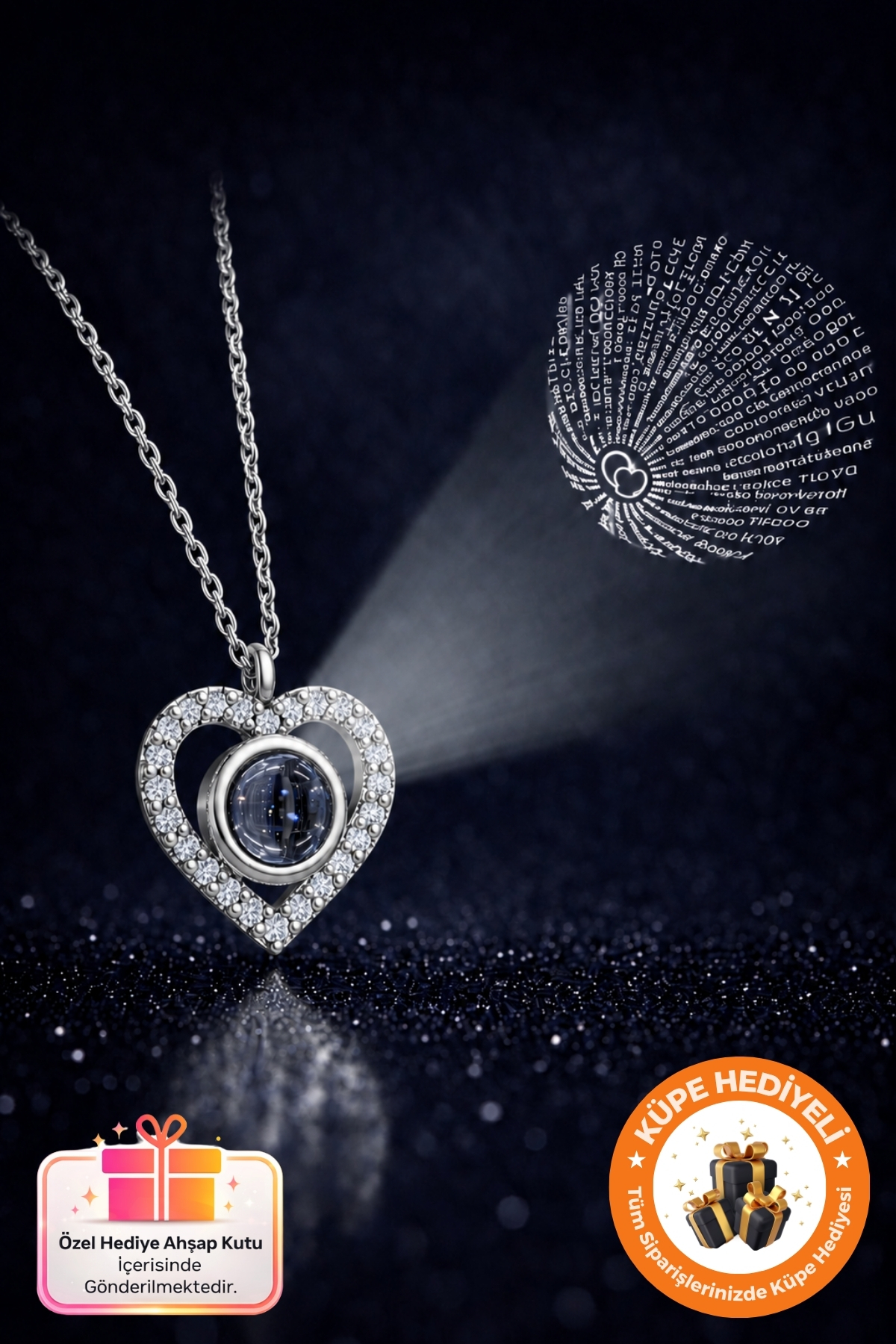 Lucente Jewellery 925 Ayar Kalbin Işığı Özel Tasarım 100 Dilde Seni Seviyorum Yazan Kalpli Kararma Karşıtı Rodyum Güçlendirme Gümüş Özel Gün Hediyesi Projeksiyon Sonsuz Aşk Simgesi 45 Cm Zincir Küpe Hediyeli Kalp Kolye