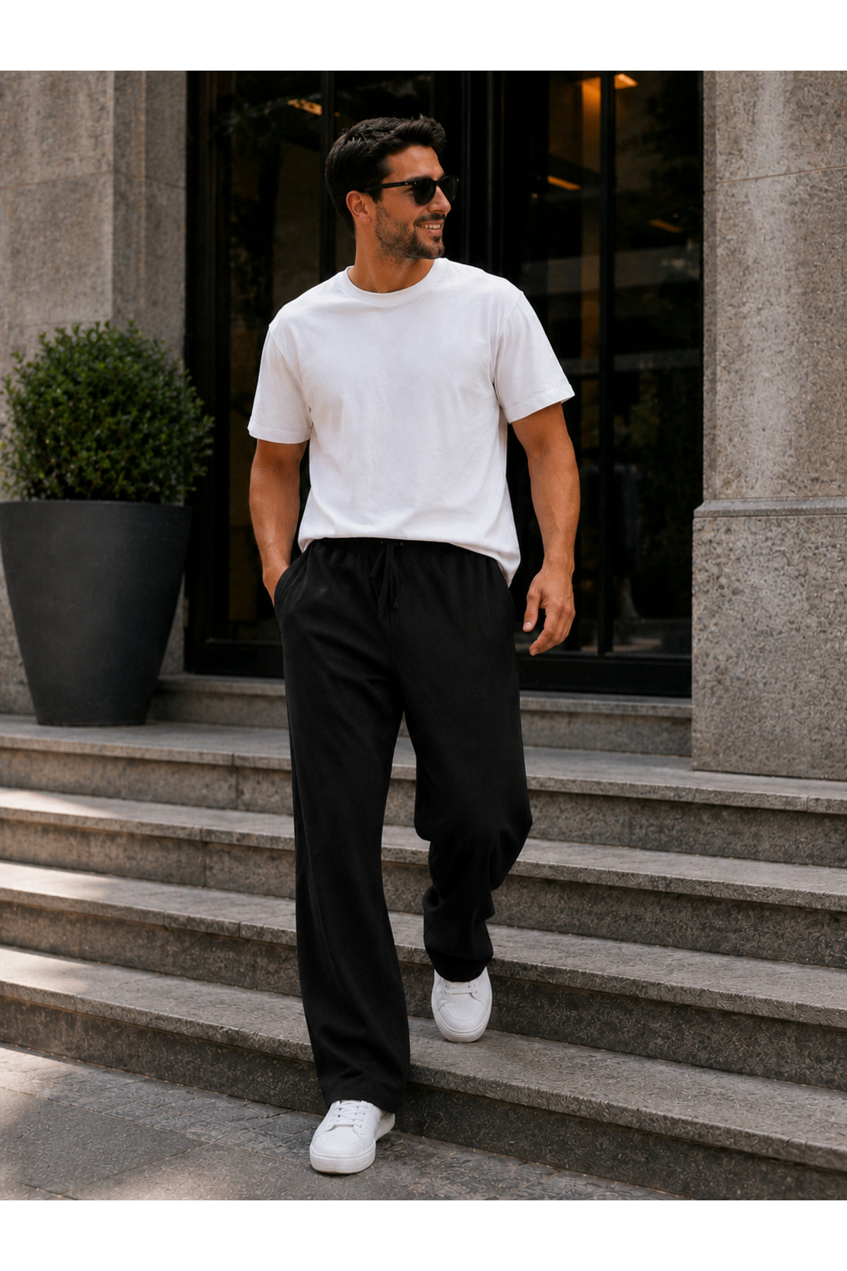 WE&ME Erkek Keten Pantolon Baggy Kalıp Lastikli Belli Bağcıklı Yazlık Günlük Rahat Pantolon