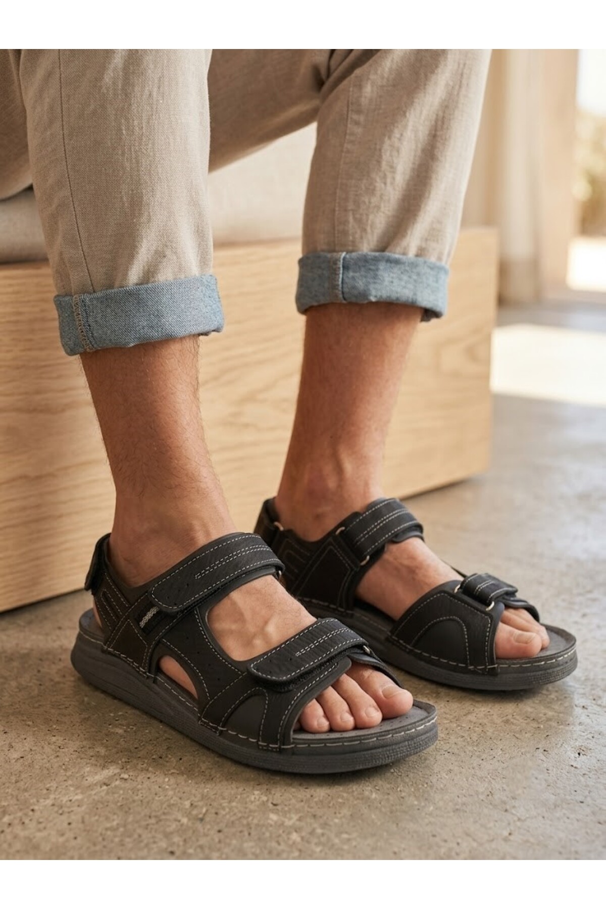 BENTO Titan Comfort Erkek Suni Deri Anatomik Taban Cırt Cırtlı Günlük Sandalet Terlik görsel 2