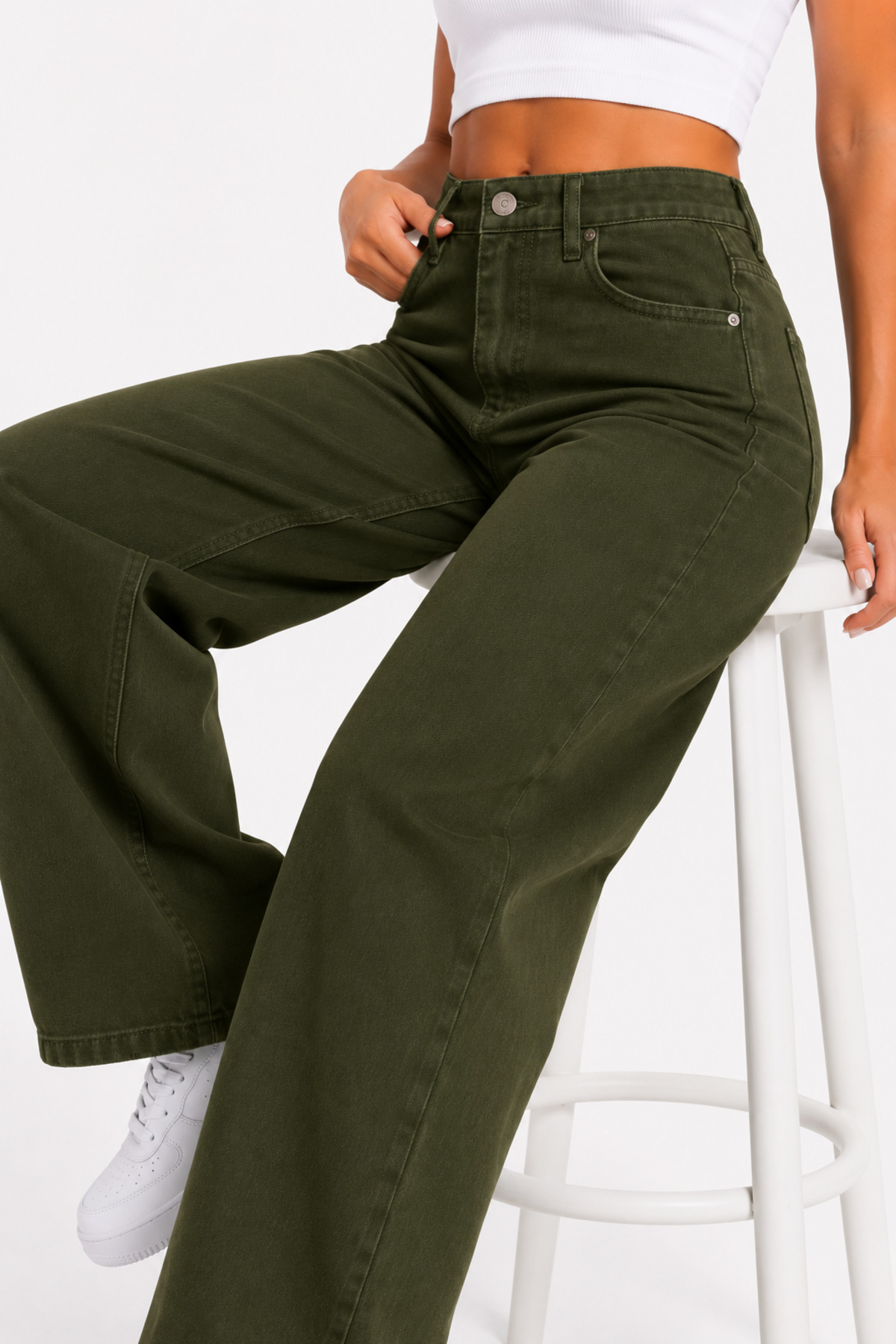 Lighter Jeans Kadın Haki Yüksek Bel Wide Leg Straight Fit Palazzo Bol Paça Esnek Denim Pantolon görsel 5