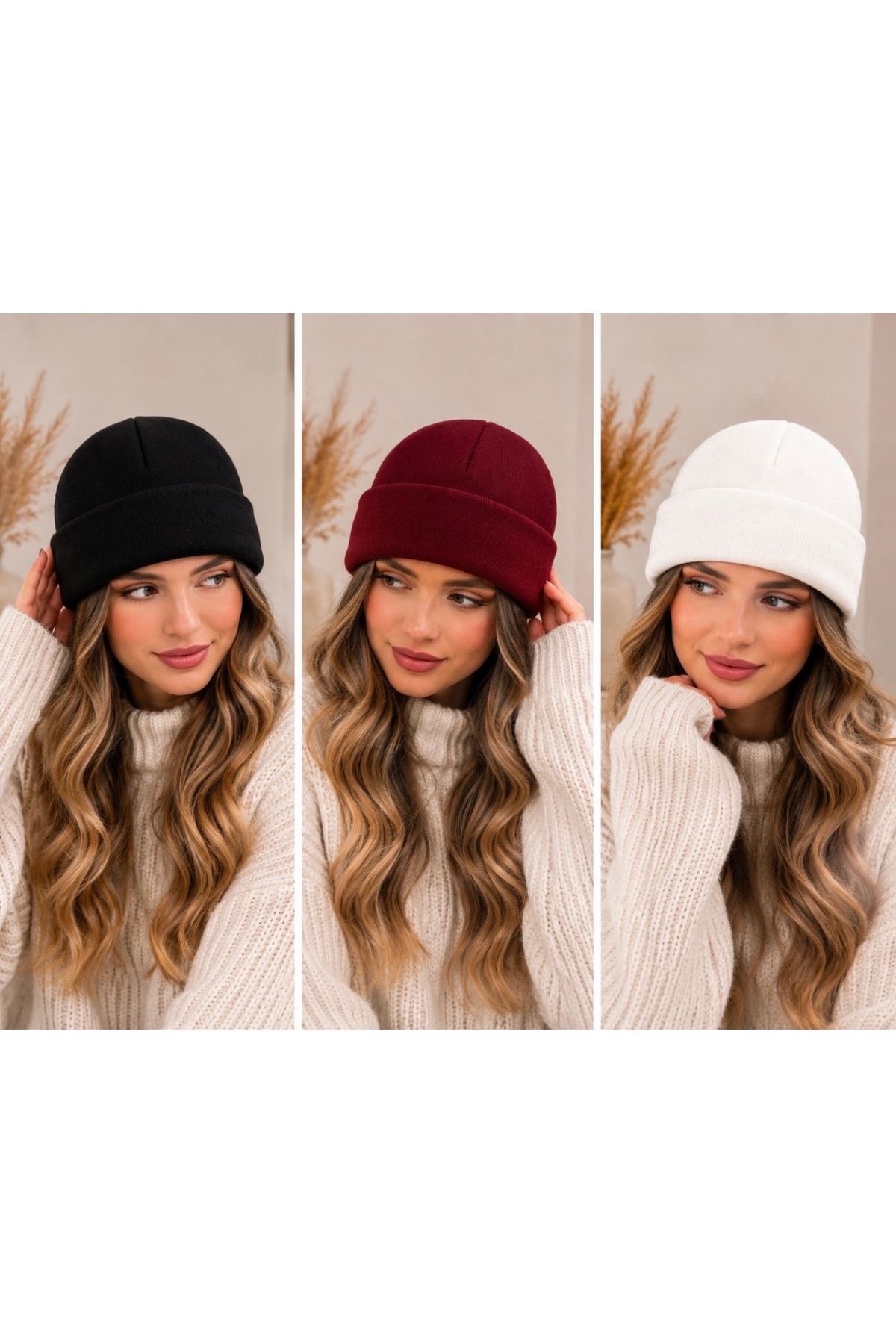 KAR-KIŞ ACCESSORIES UNISEX Siyah-Bordo-Beyaz LUX 3’LÜ BERE SET görsel 3