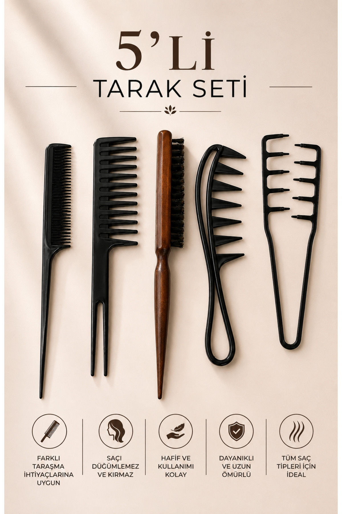 MAQYA KOZMETİK 5li Saç Tarapı Seti Isıya Dayanıklı Profesyonel Topuz Fırçası| Geniş Aralıklı Wax| Krepe Tarağı, Saç Ayırma Tarağı| Mucizevi Saç Şekillendirici Tarak — مشکی 5liset