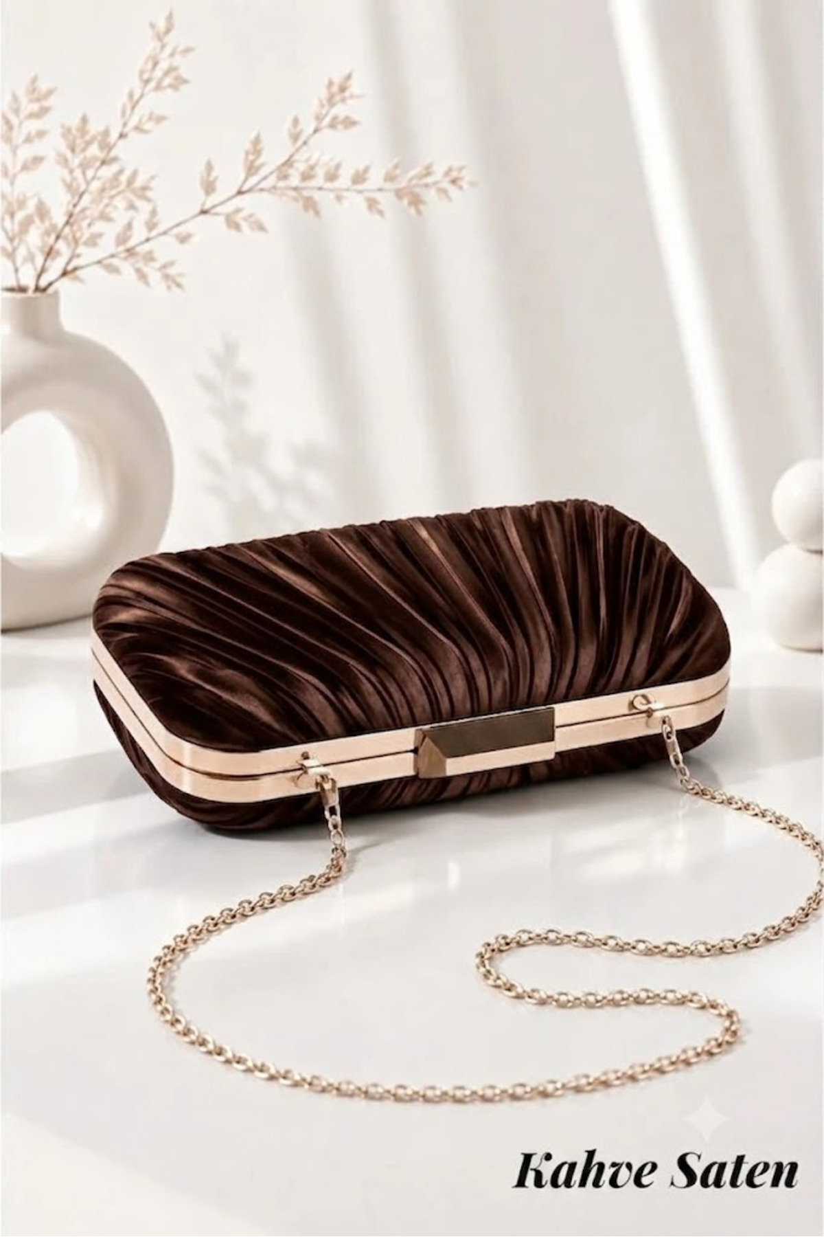 ZEYYMODA Kahve Pilse Desenli Abiye Çanta Pile Desen Abiye Çanta ve Clutch Portföy El Gece Düğün Nişan Abiye Çantası görsel 3