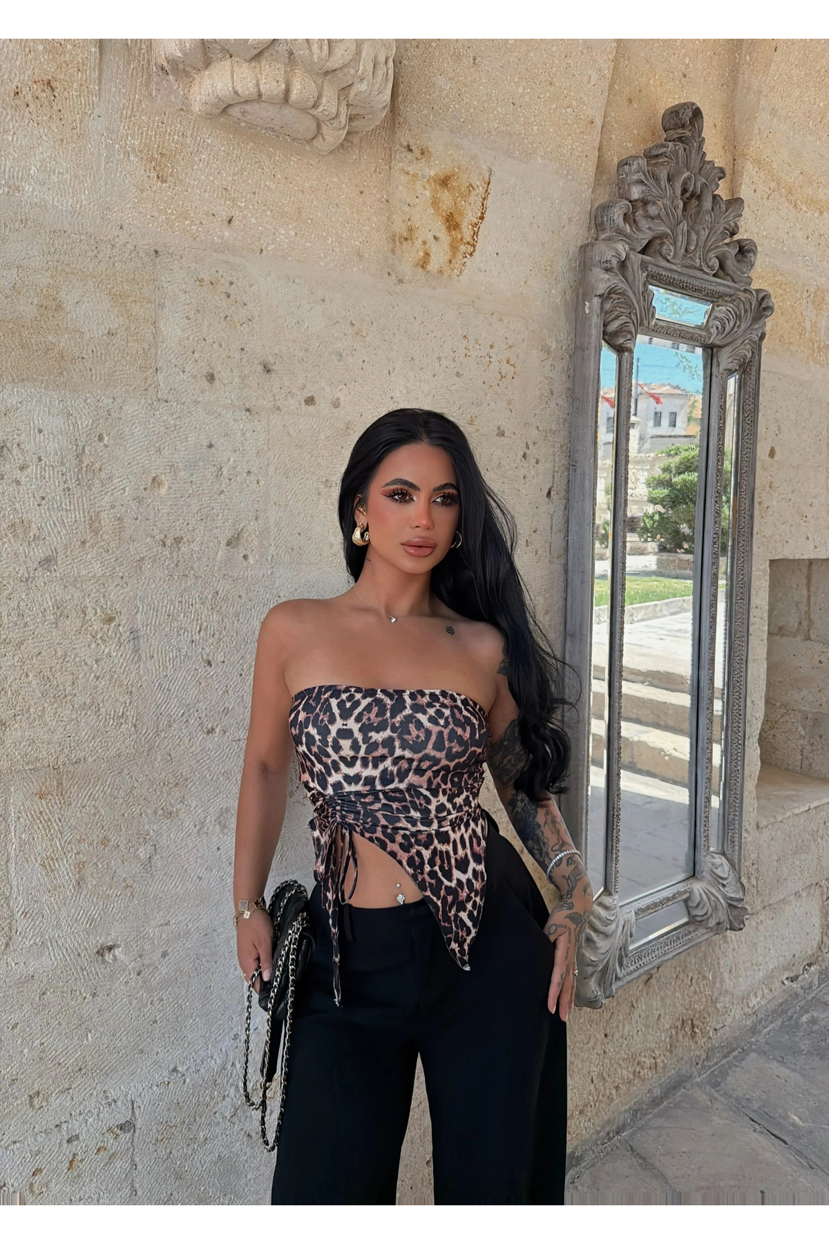 kırmızı butiks Straplez Leopar Crop