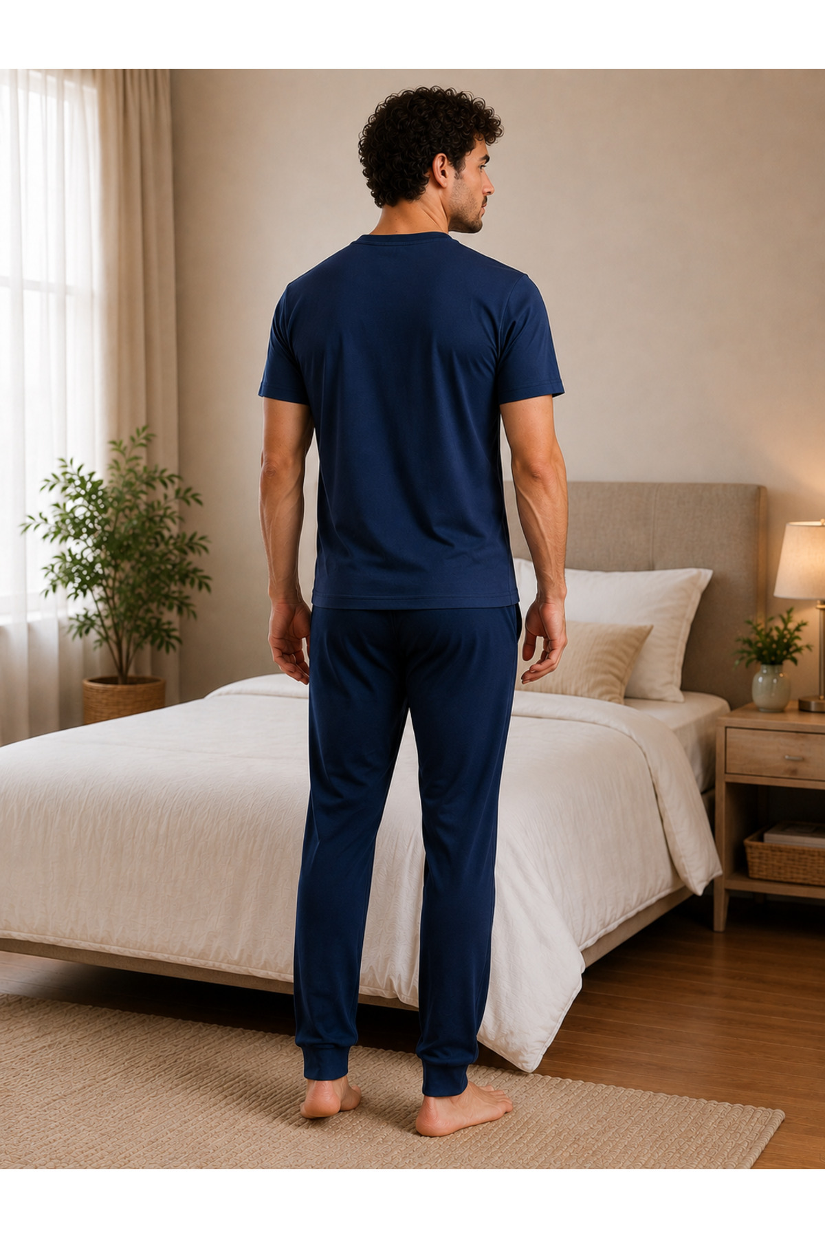 Pijamask Erkek Lacivert Dream Big Baskılı Pamuklu Uzun Pantolonlu Pijama Takımı Rahat Ev Giyim görsel 3