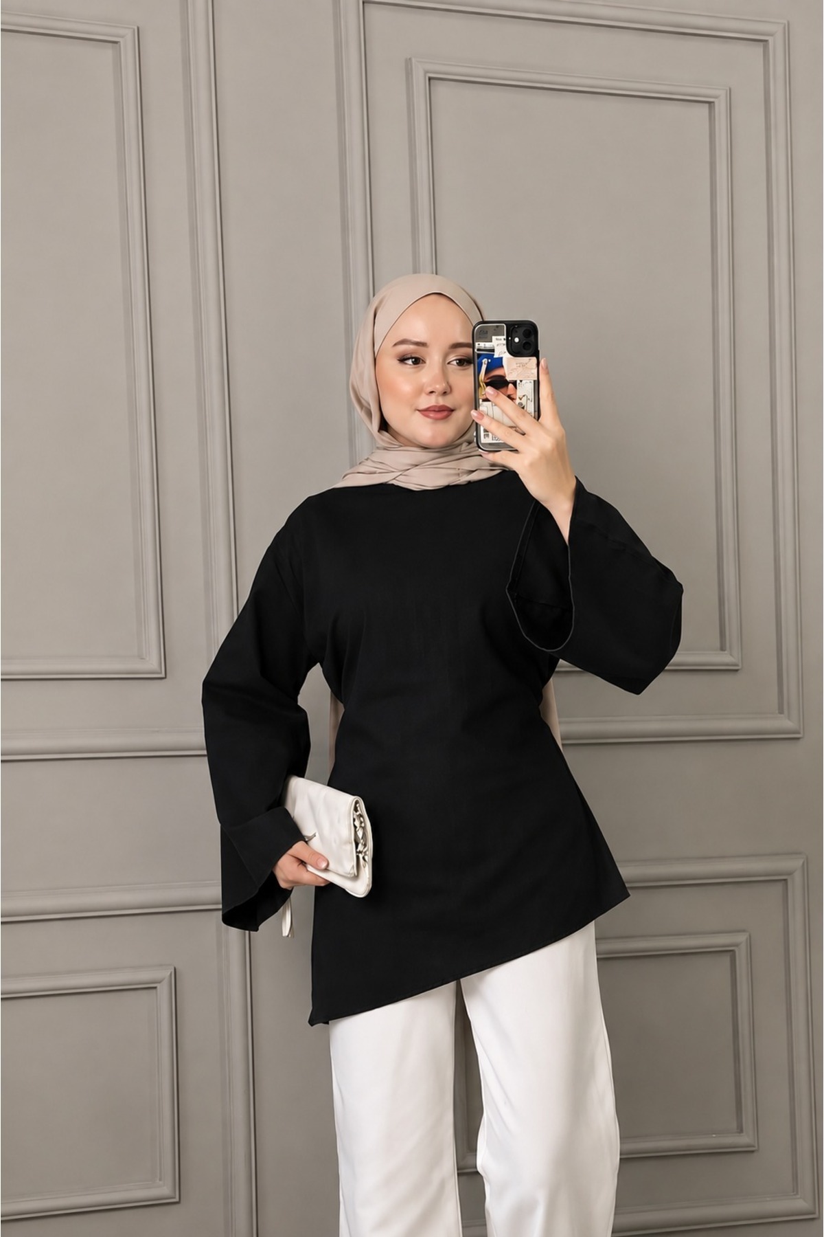 onlymoon Siyah %100 Keten Arkadan Bağlamalı Asimetrik Kesim Tunik | Geniş Kollu Doğal Pamuklu Oversize Günlük Tesettür Tunik | Rahat Şık Kadın Üst Giyim görsel 3