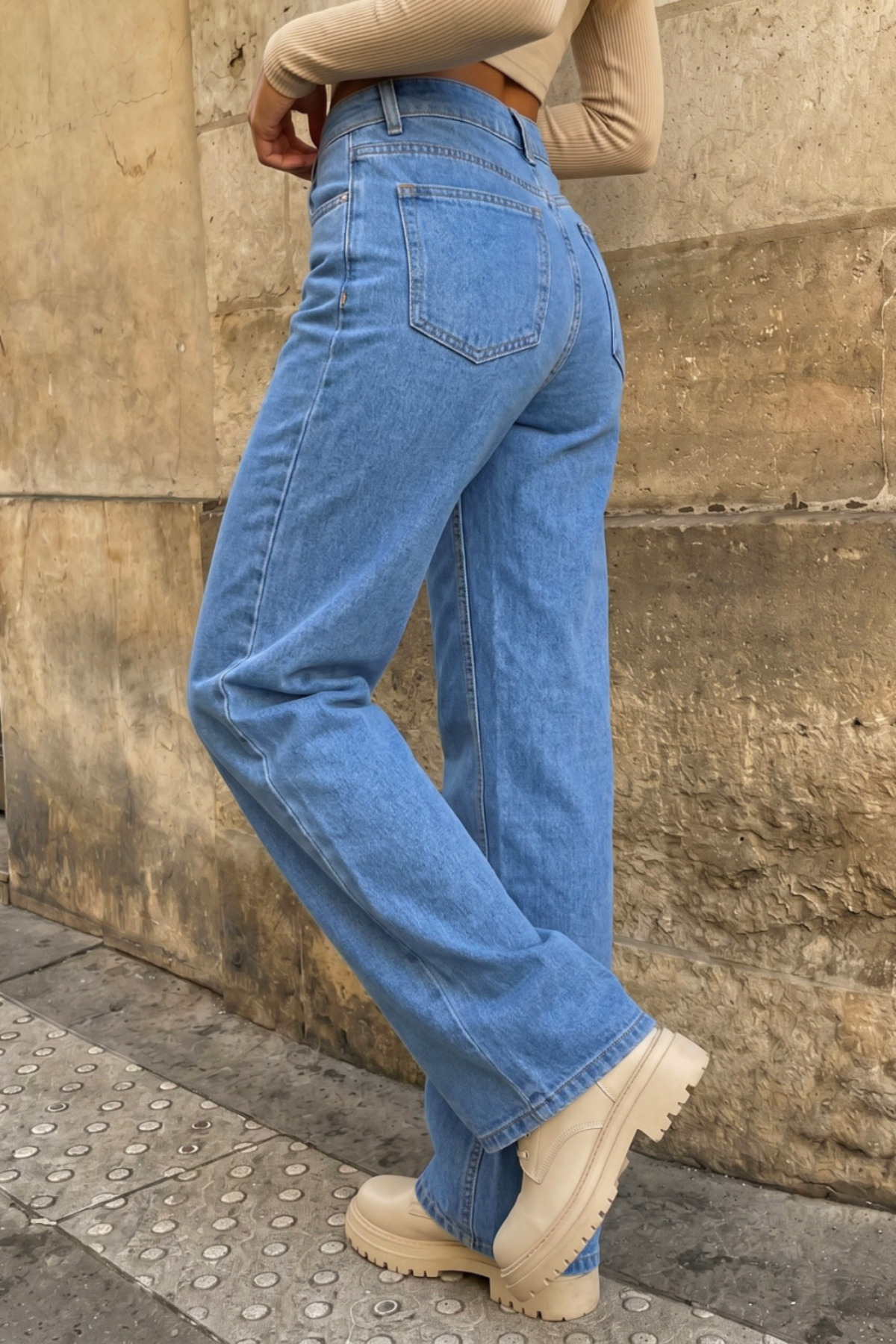 Mavi Yüksek Bel Wide Leg Bol Paça Palazzo Kot Pantolon 5