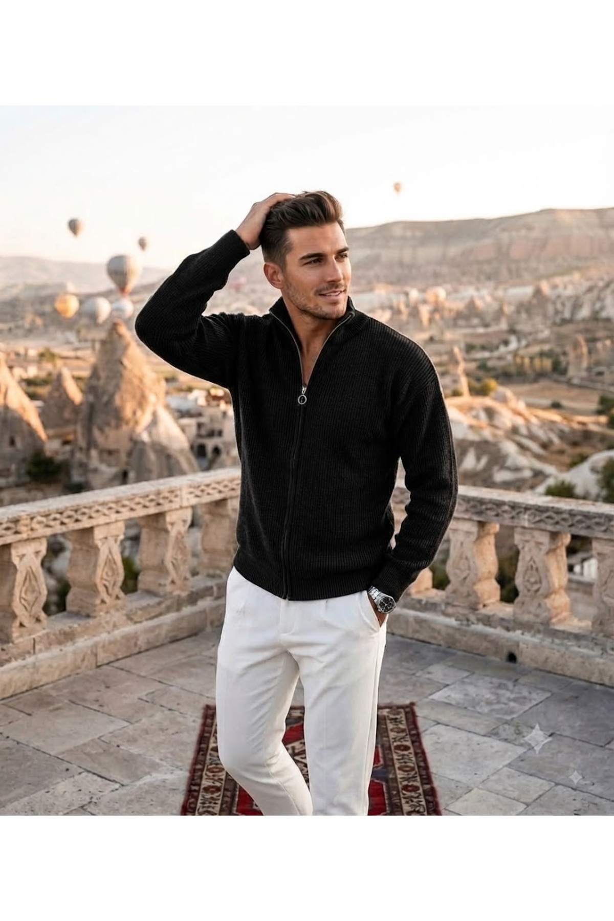 erkek kışlık kalın % 100 pamuk hırka süeter tam fermuarlı dik yaka triko kazak — مشکی sweat gömlek pantolon