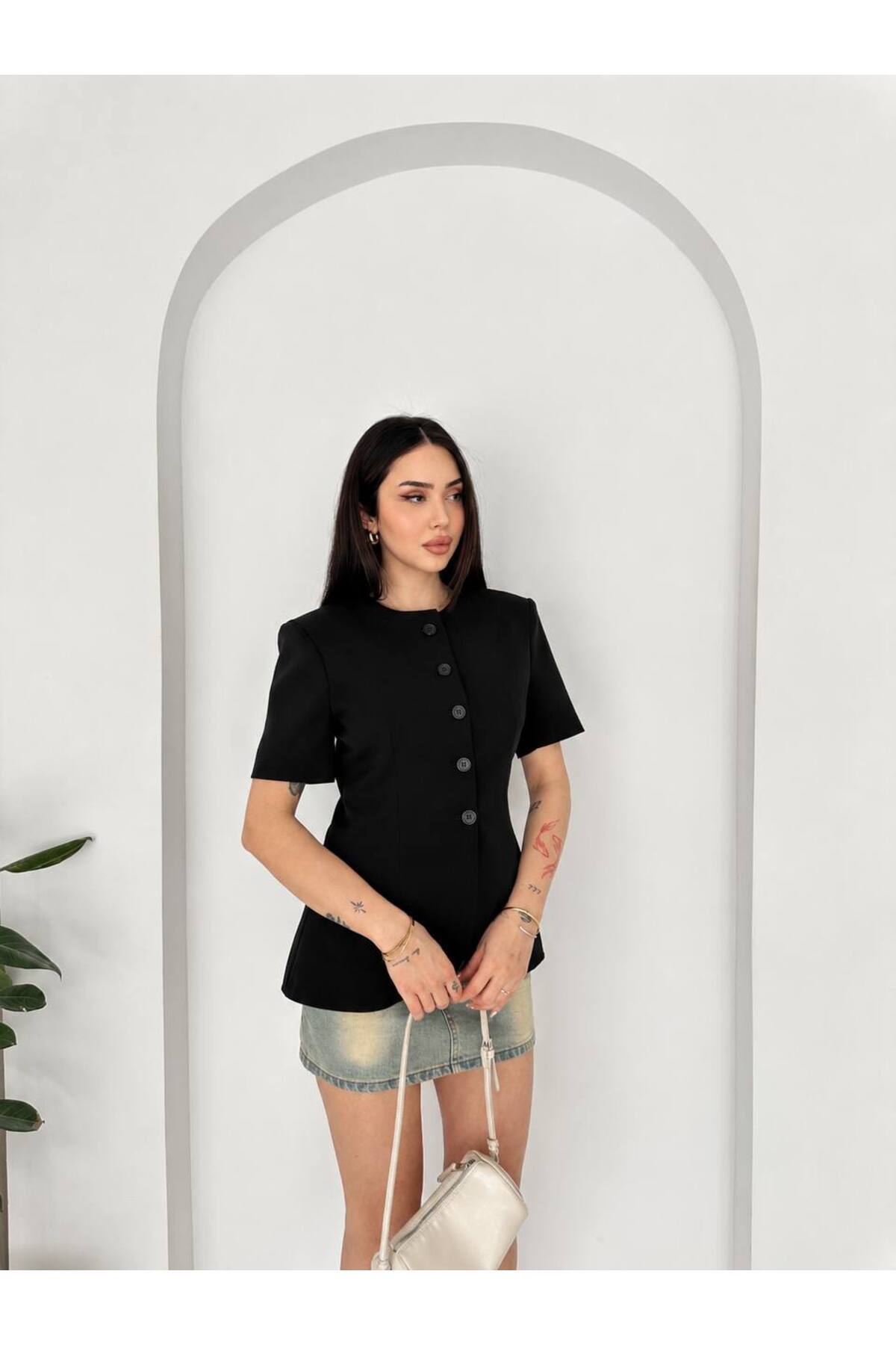 Pukka Kadın Double Kumaş Düğmeli Bel Oturtmalı Kısa Kollu Blazer Ceket görsel 3