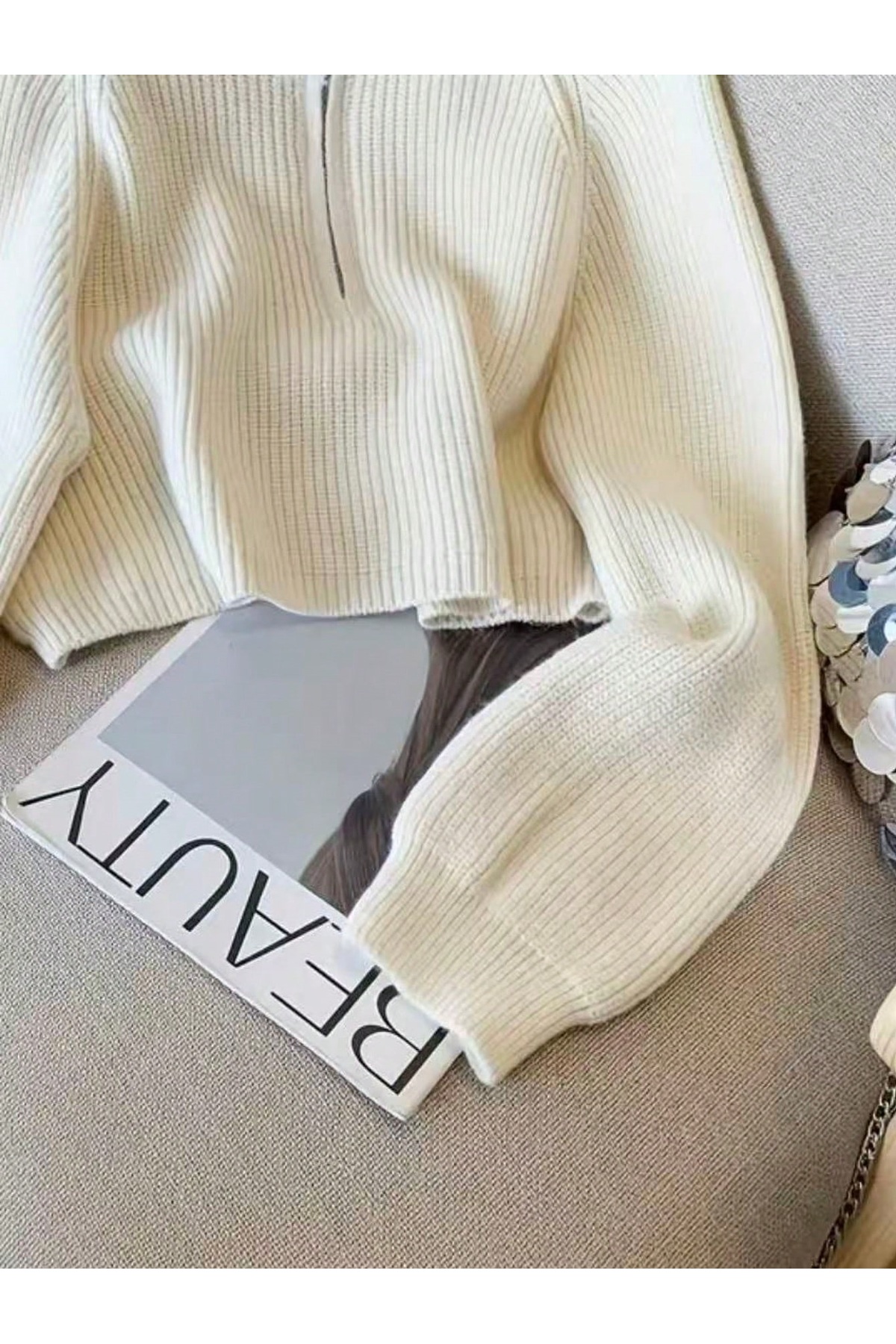POİNE Kadın Devrik Yaka Oversize Selanik Örgü Fermuarlı Triko Kazak görsel 4