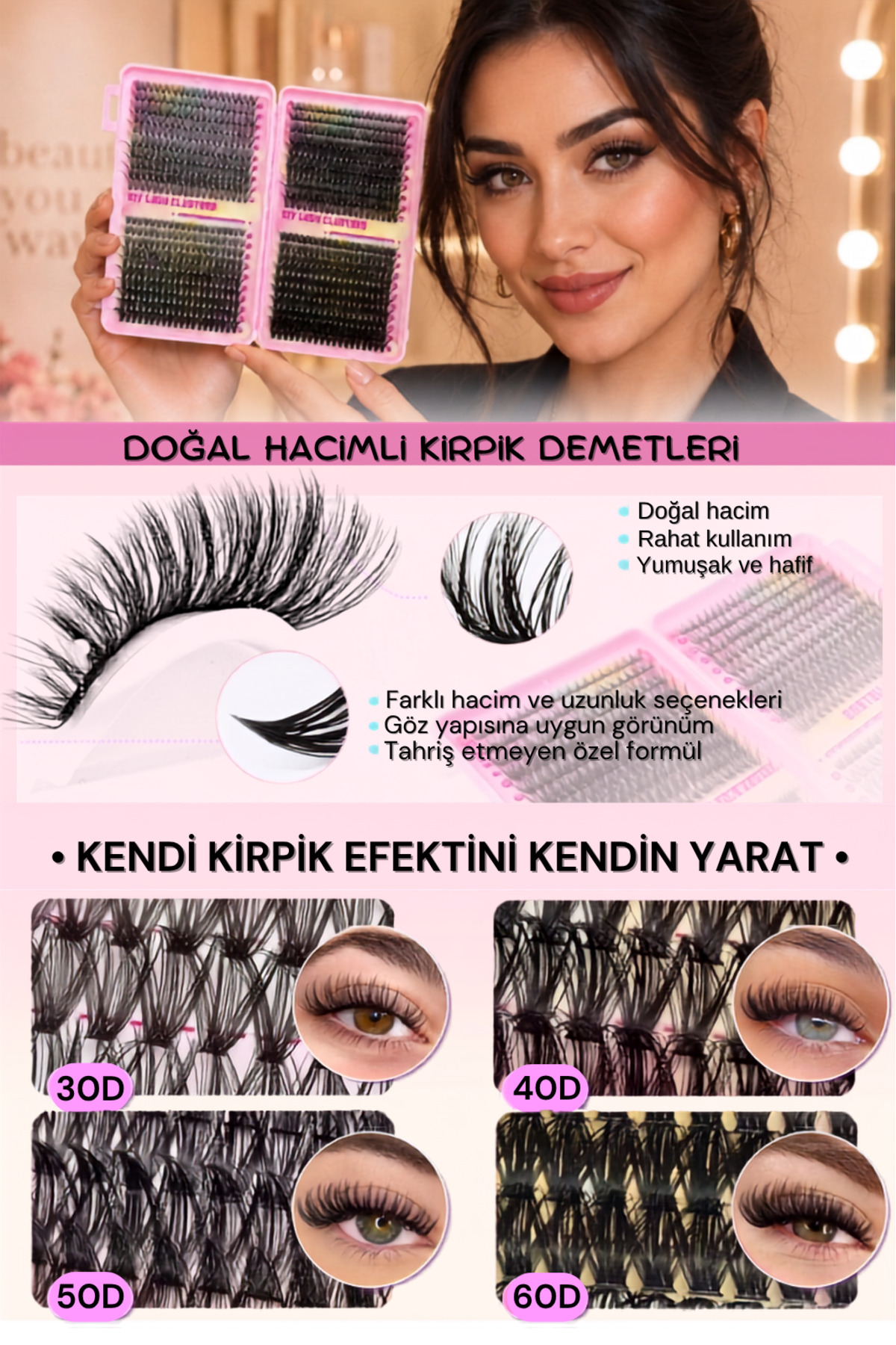 Takma Kirpik Seti 800 Demet Kirpik, Yapıştırıcı ve Sabitleyici, Cımbız ve Fırçasıyla, Doğal - Hacimli Görünüm (30-40-50-60D) — DK2608 — تصویر 4 از 4