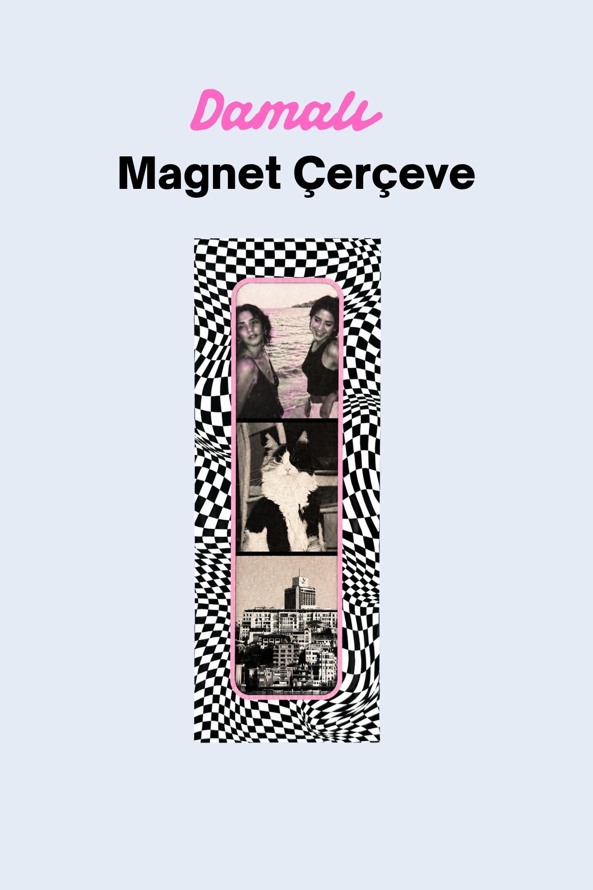 Damalı Magnet Fotoğraf Çerçevesi – Siyah & Beyaz