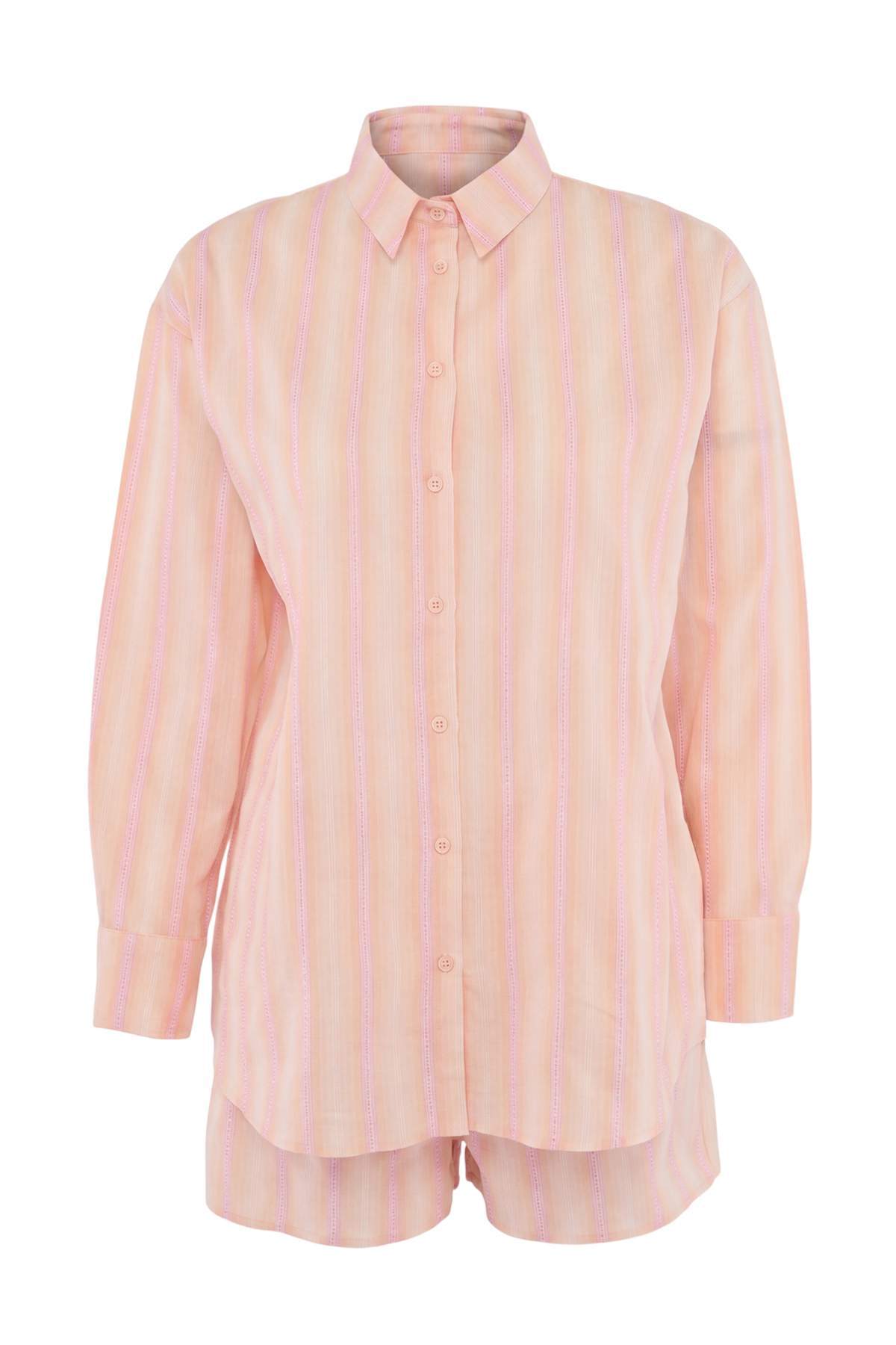 Trendyolmilla Çizgili Dokuma Mini Oversize Plaj Gömlek Şort Takım TBESS26AU00053