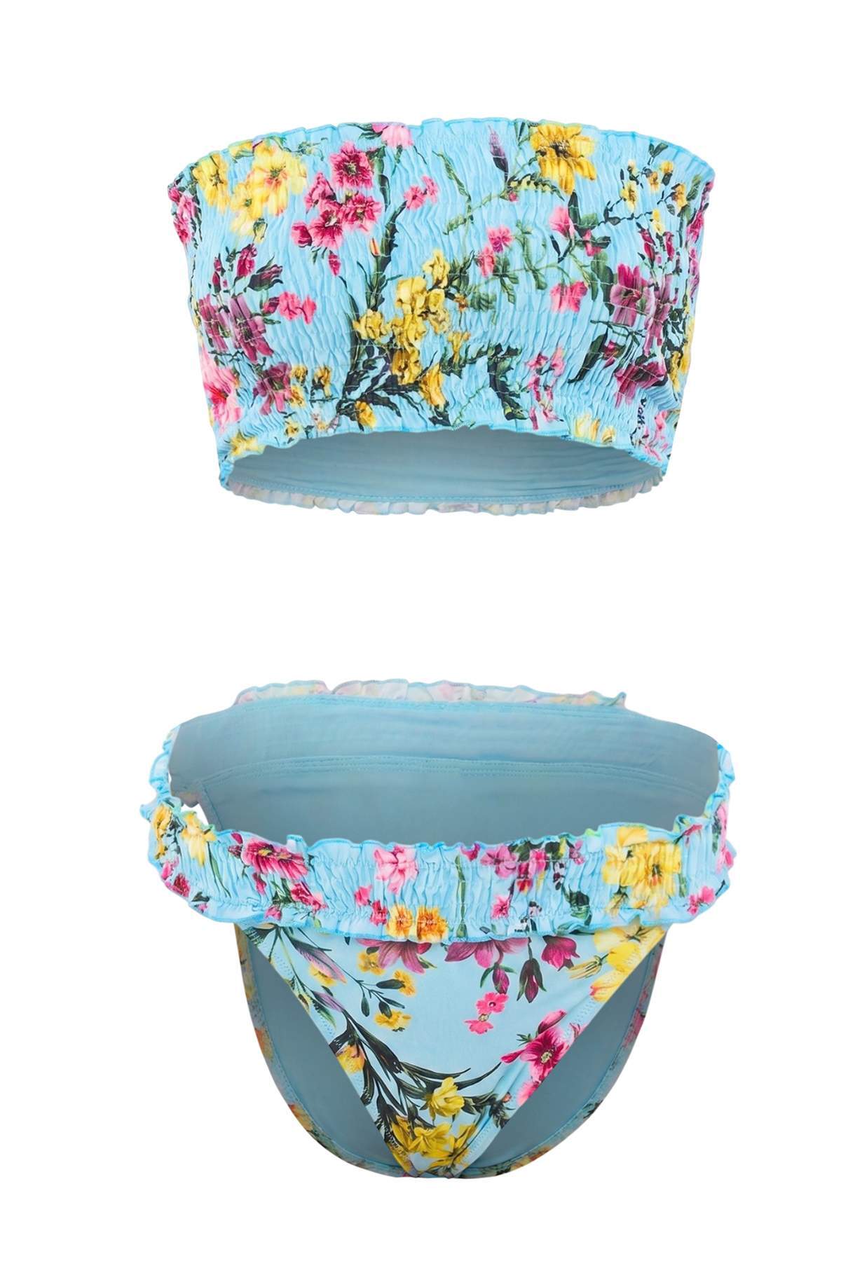 Trendyolmilla Çiçek Desenli Straplez Kaplı Gipeli Yüksek Bel Brazilian High Leg Bikini Takımı TBESS26BT00180