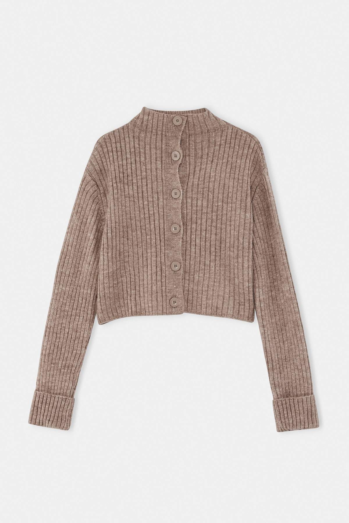 Trendyolmilla Vizon Crop Yumuşak Dokulu Dik Yaka Triko Hırka TWOAW22HI0174