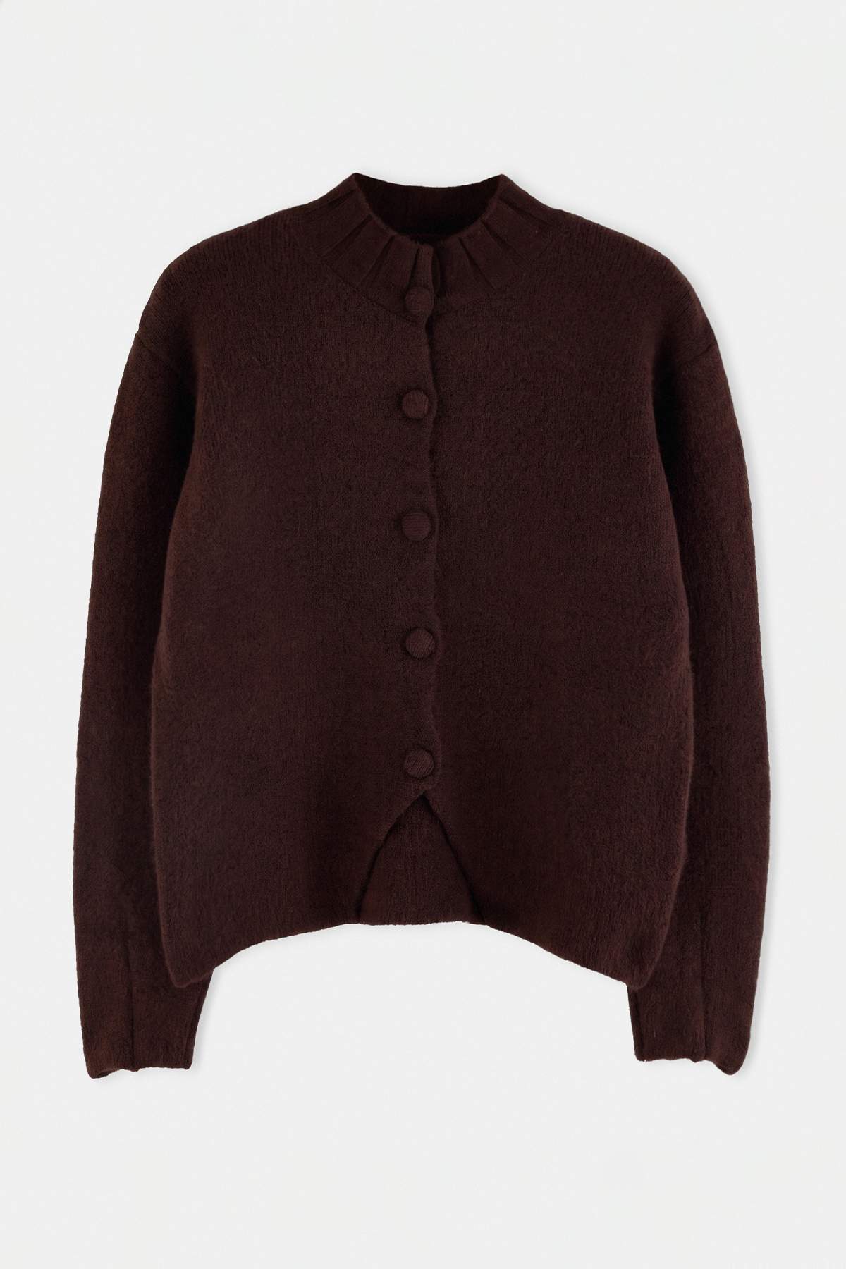Trendyolmilla Kahverengi Yumuşak Dokulu Dik Yaka Detaylı Oversize Triko Hırka TWOAW27HI00019