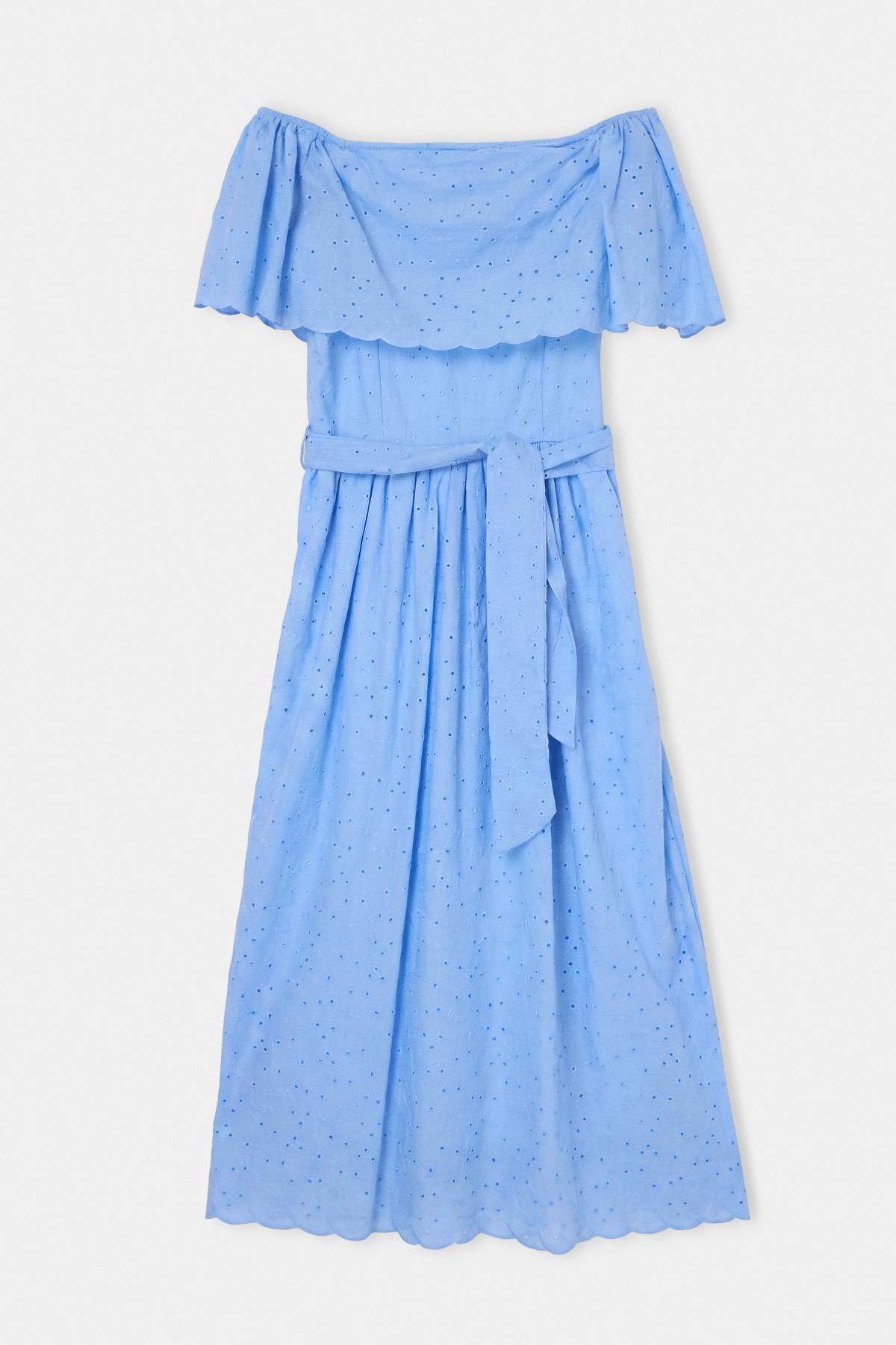 Drop by Trendyolmilla Mavi Carmen Yaka Yandan Fermuarlı beli Kuşaklı Brode Elbise TDRSS26EL00113