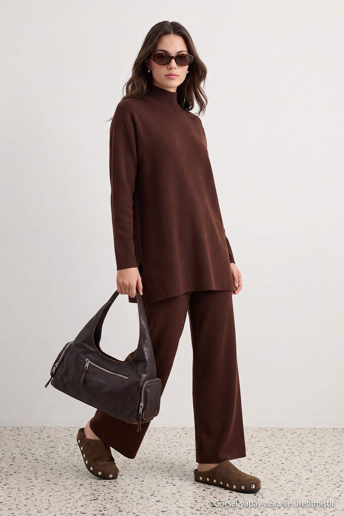 Trendyol Modest Brown Slit Wide-Leg Knitwear Top and Bottom Set Tctaw24Us00028