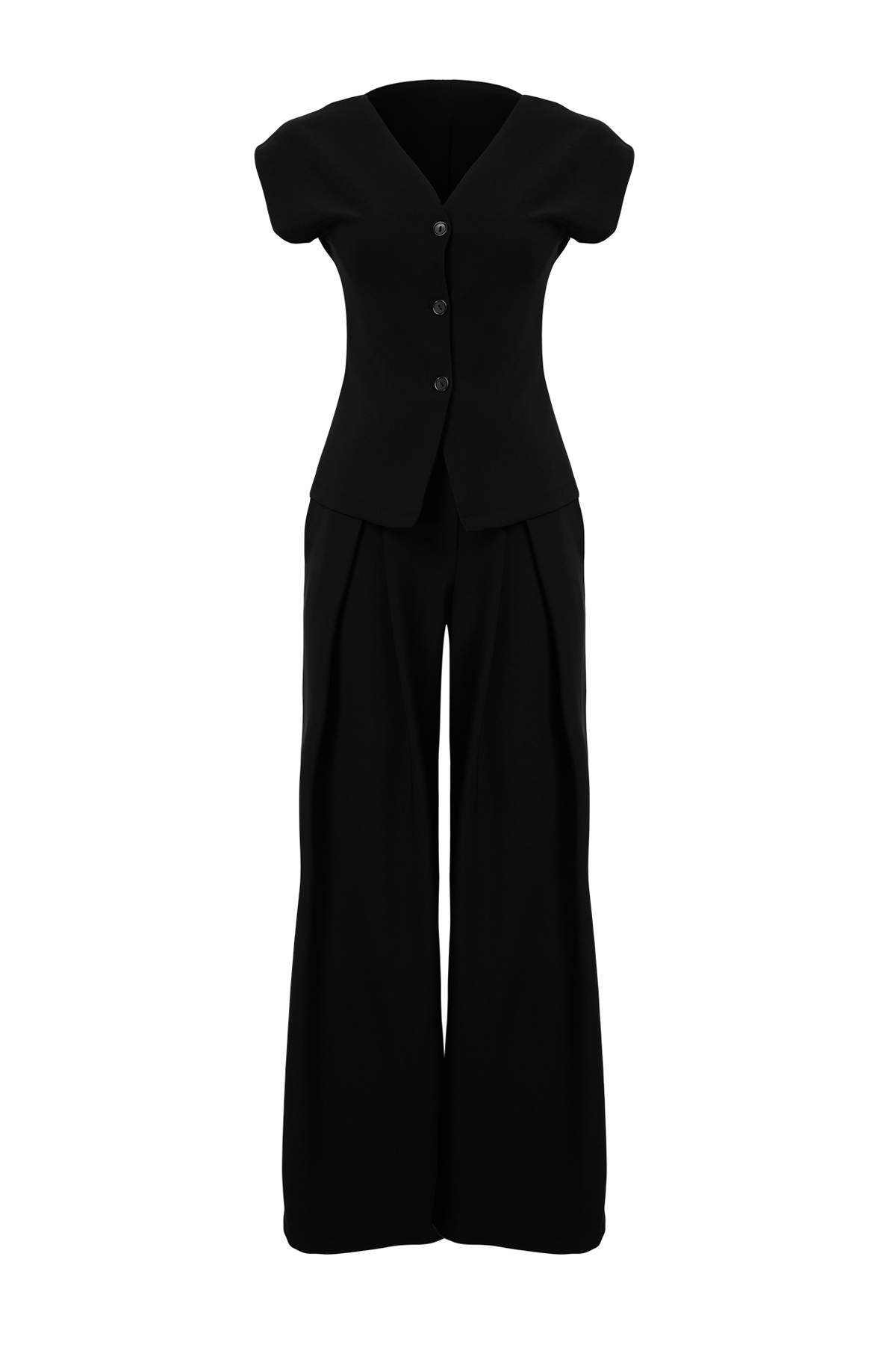 Trendyolmilla Siyah Fitted Yelek Geniş Paça Pilili Pantolon Dokuma Alt - Üst Takım TWOAW27AU00072