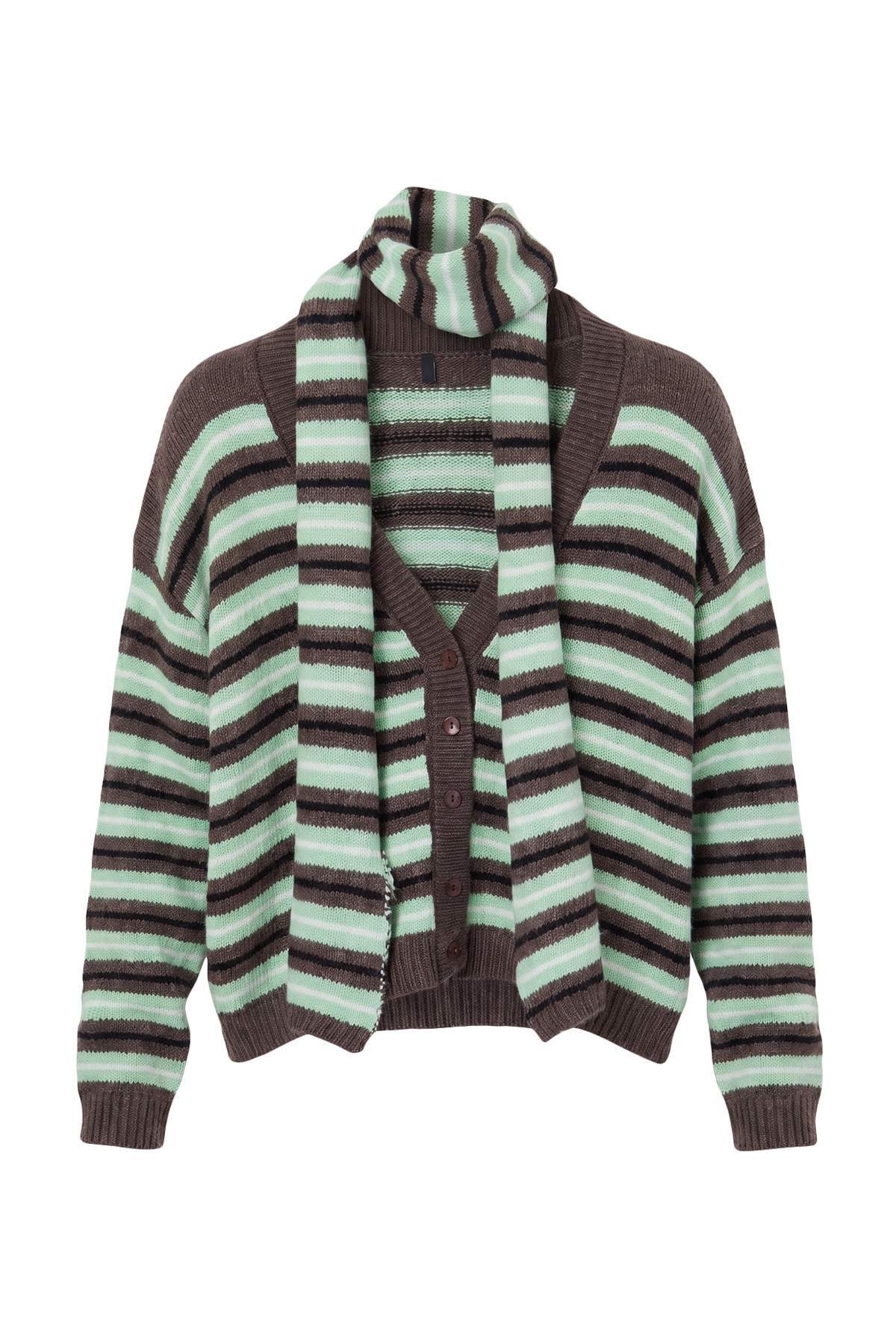 Trendyolmilla Kahverengi Şal Detaylı Yumuşak Dokulu Oversize V Yaka Triko Hırka TWOAW26HI00278