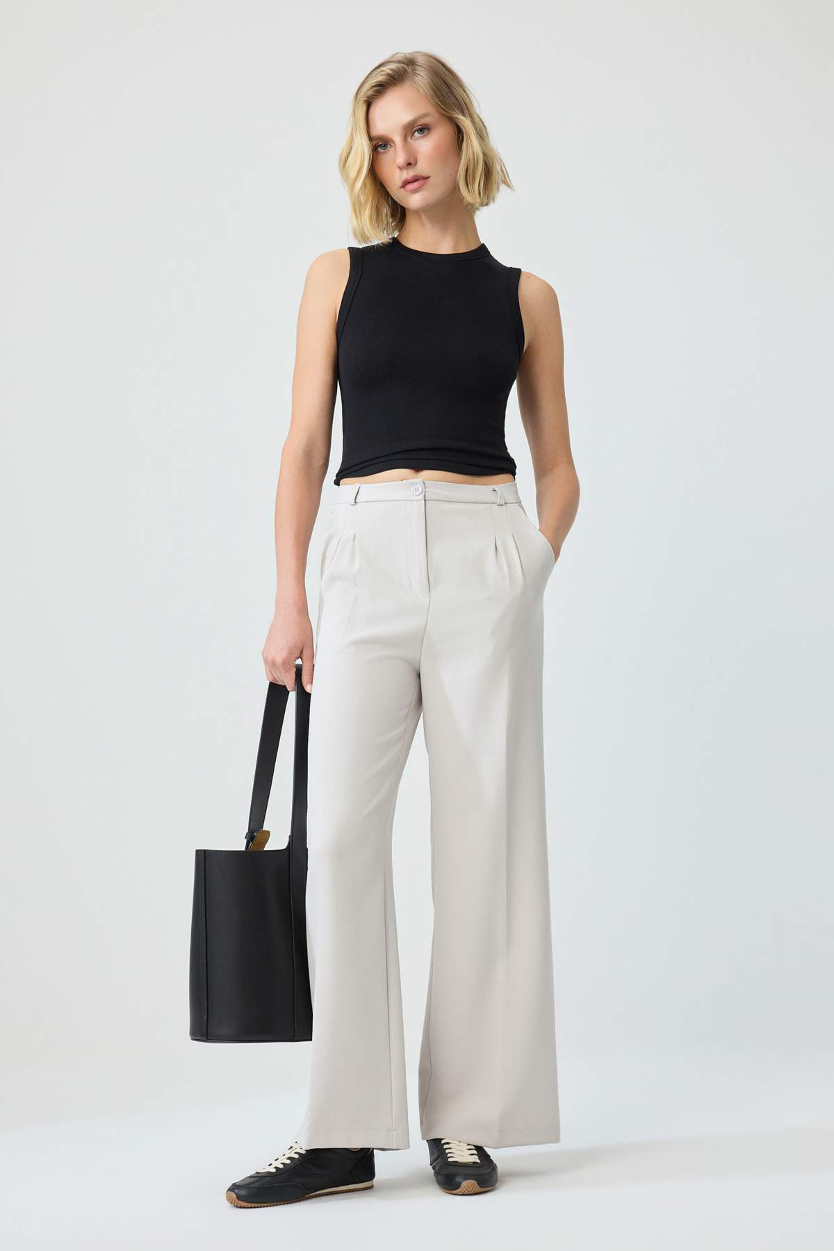 Trendyolmilla Bej Pilili Wide Leg/Geniş Paça Pantolon TWOAW25PL00109