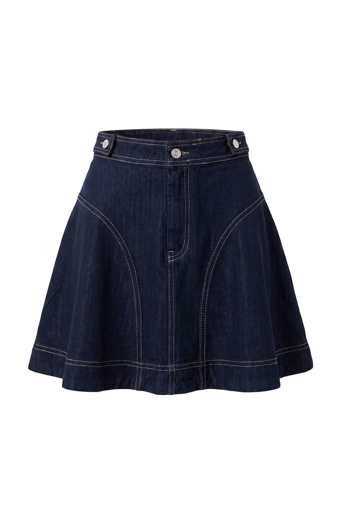 Trendyolmilla Koyu Mavi Volanlı Dikiş Detaylı Mini Denim Etek TWOAW27ET00023