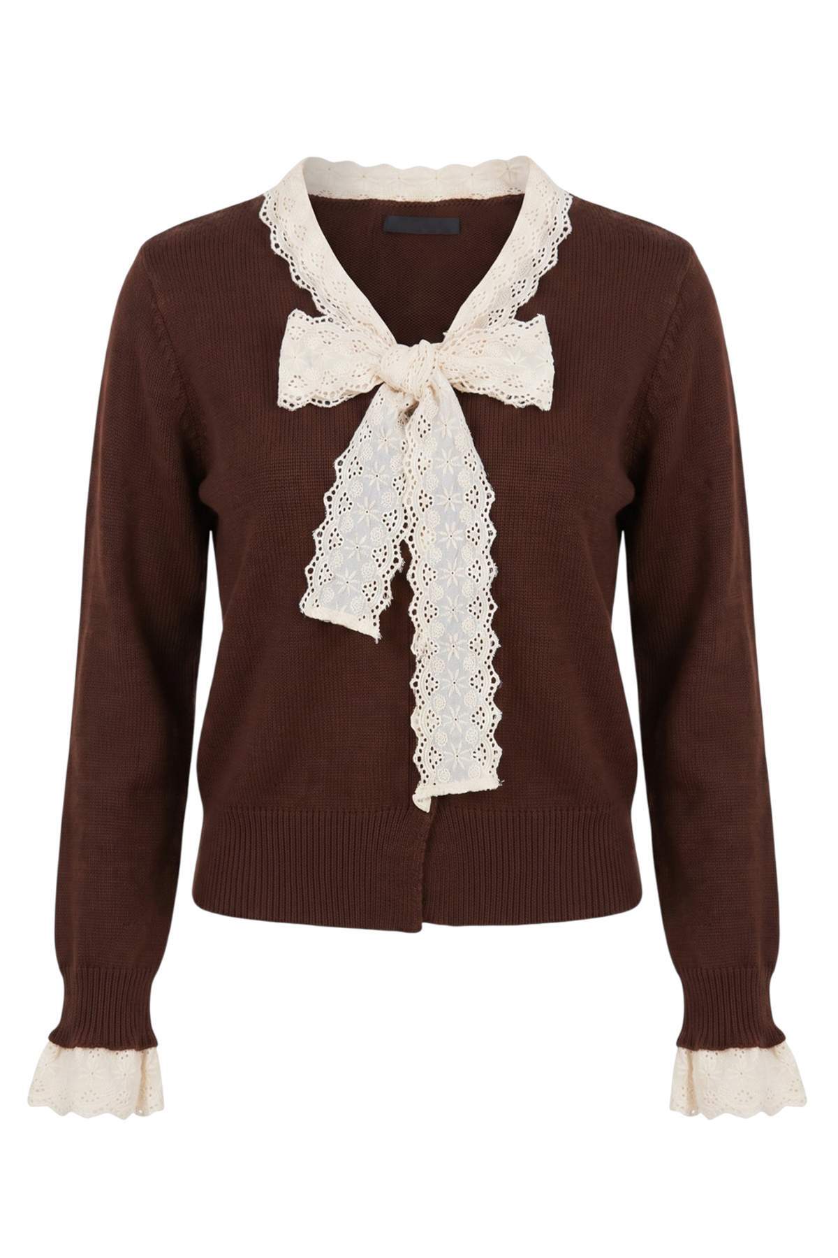 Trendyolmilla Kahverengi Crop Dantel Garnili Kurdele/Fiyonk Detaylı Triko Hırka TWOAW25HI00251