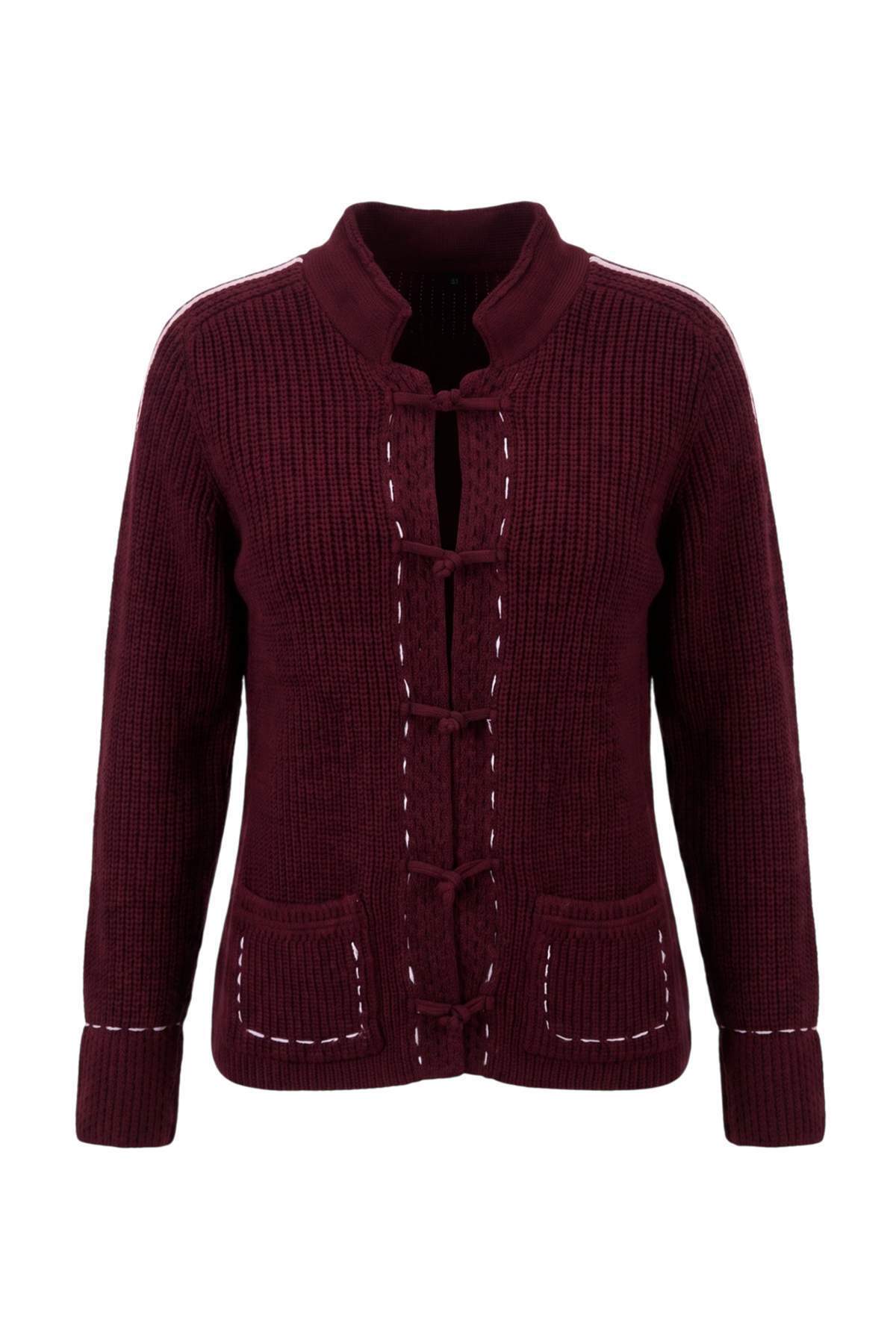 Trendyolmilla Mürdüm Renk Bloklu Kalın Dik Yaka Oversize Mandarin Triko Hırka TWOAW27HI00028