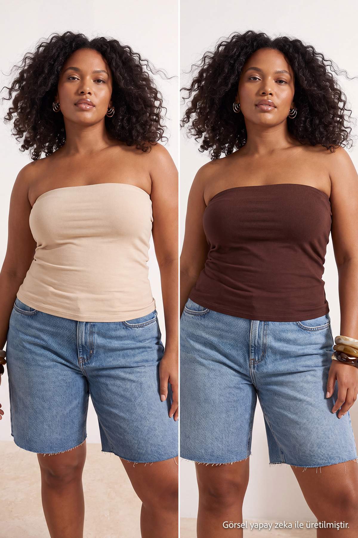 Trendyolmilla Curve Kahverengi-Bej 2'Li Paket Fitted Crop Esnek Örme Bluz TBBSS26AF00083