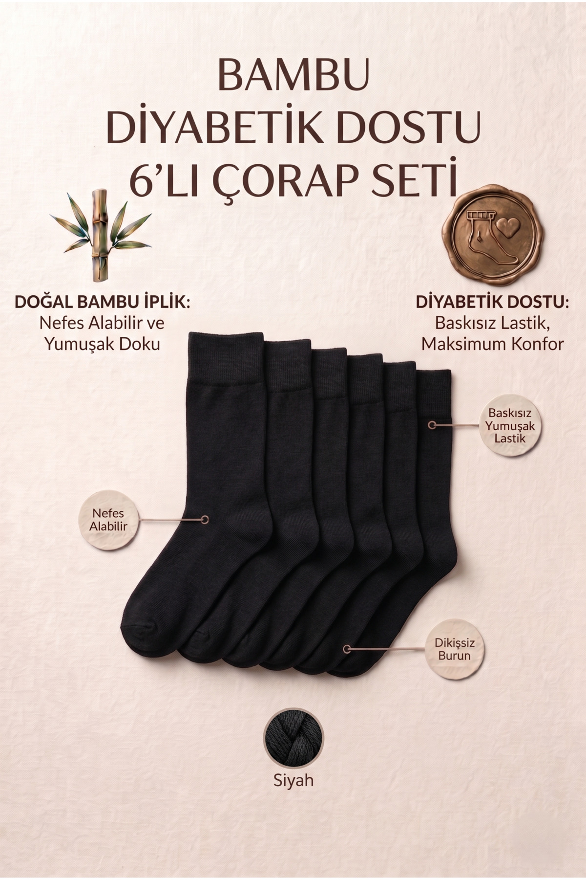 6-Pack Seamless Men's Diabetic Friendly Bamboo Candy Socks Black Color Diabetic